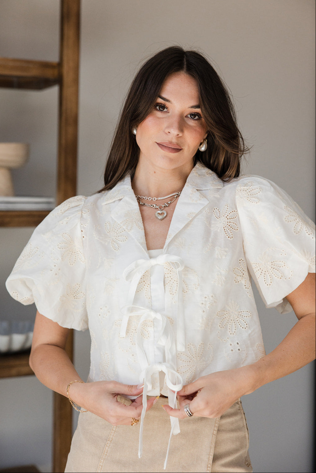 Elise Cream & White Eyelet Front Ties Top-close up front view