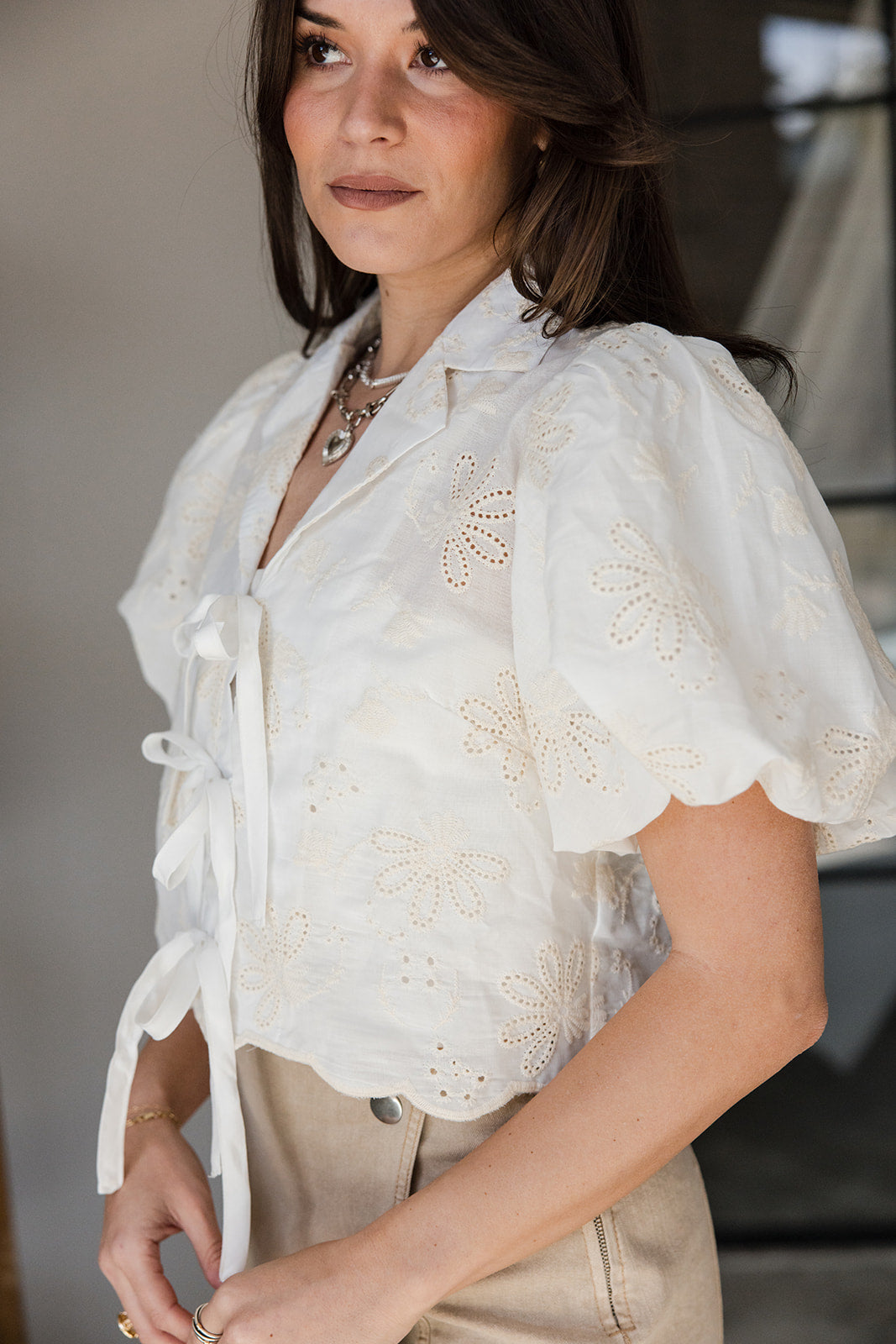 Elise Cream & White Eyelet Front Ties Top- close up side view