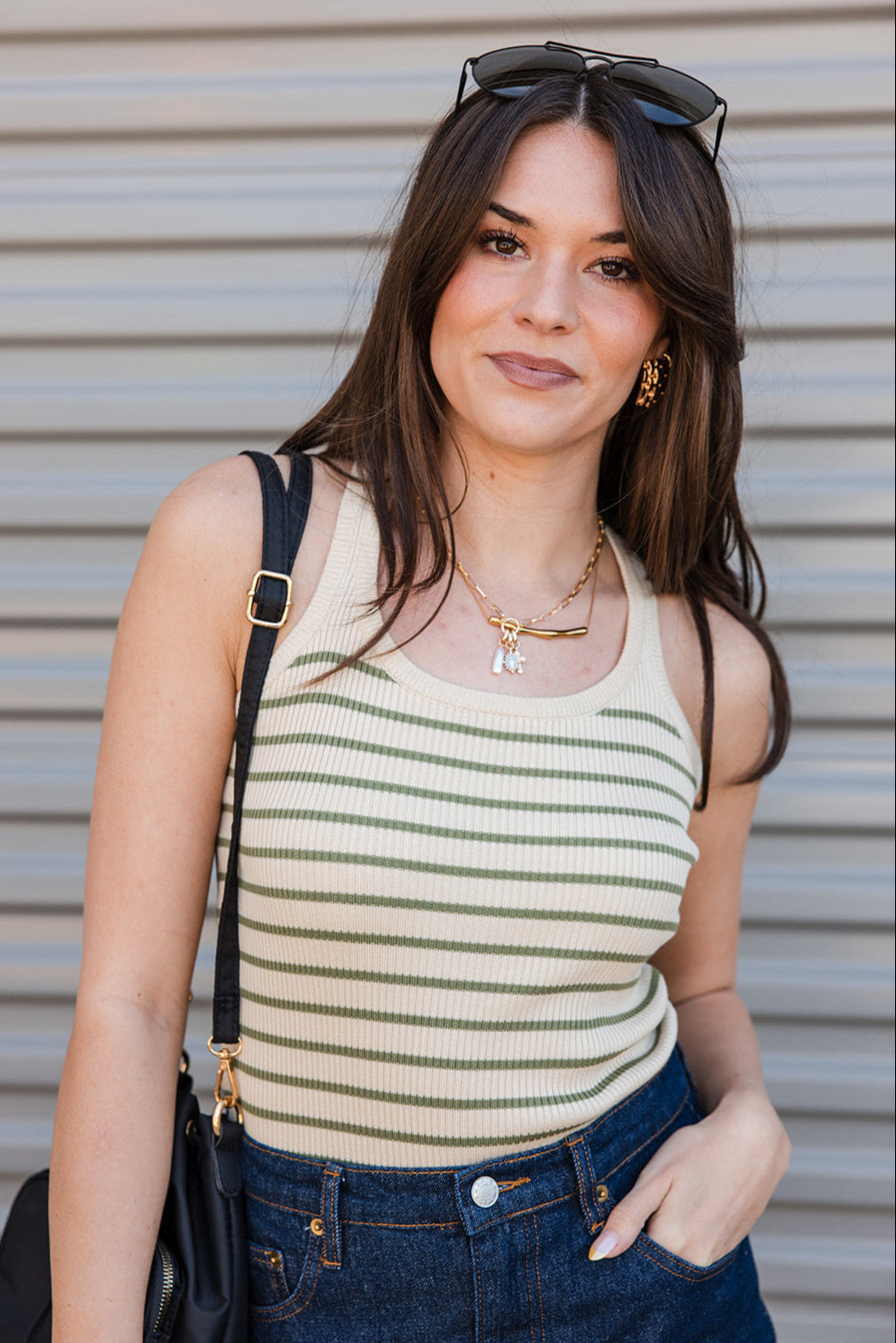 Shana Cream & Green Striped Tank Top - front view tucked in