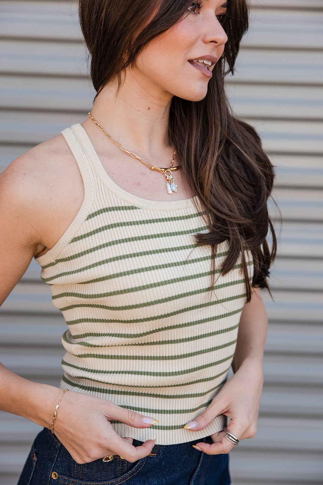 Shana Cream & Green Striped Tank Top - side view