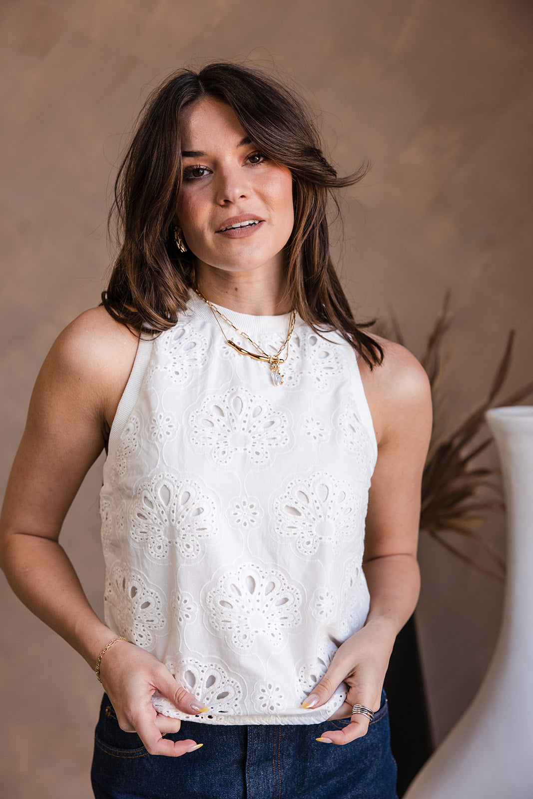 Mackenzie White Eyelet Tank Top - close front view