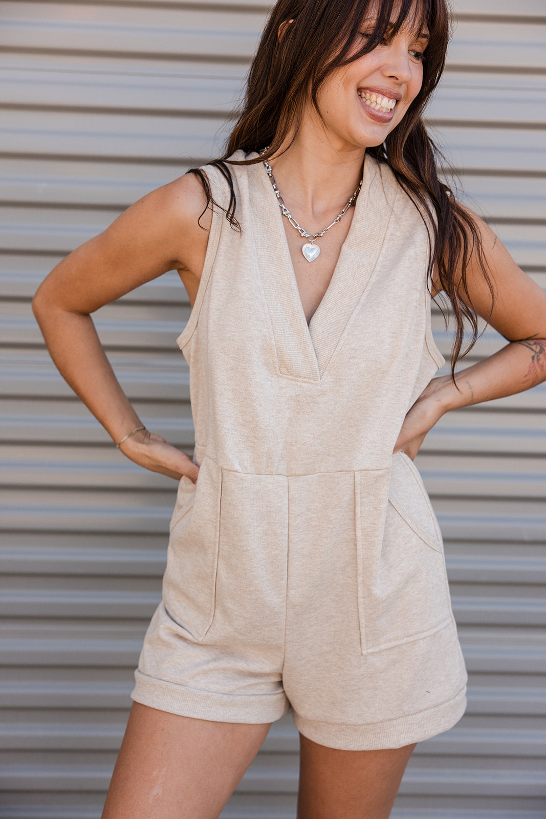 Phoebe Beige Knit Sleeveless Romper - close front view