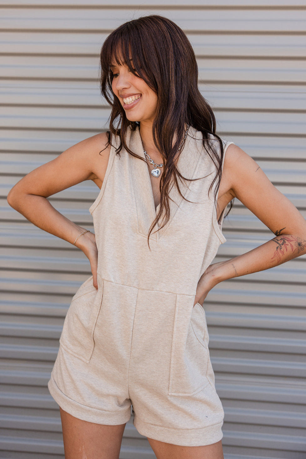 Phoebe Beige Knit Sleeveless Romper - front view