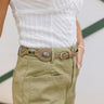 Shelly Taupe & Silver Western Belt - side view on model