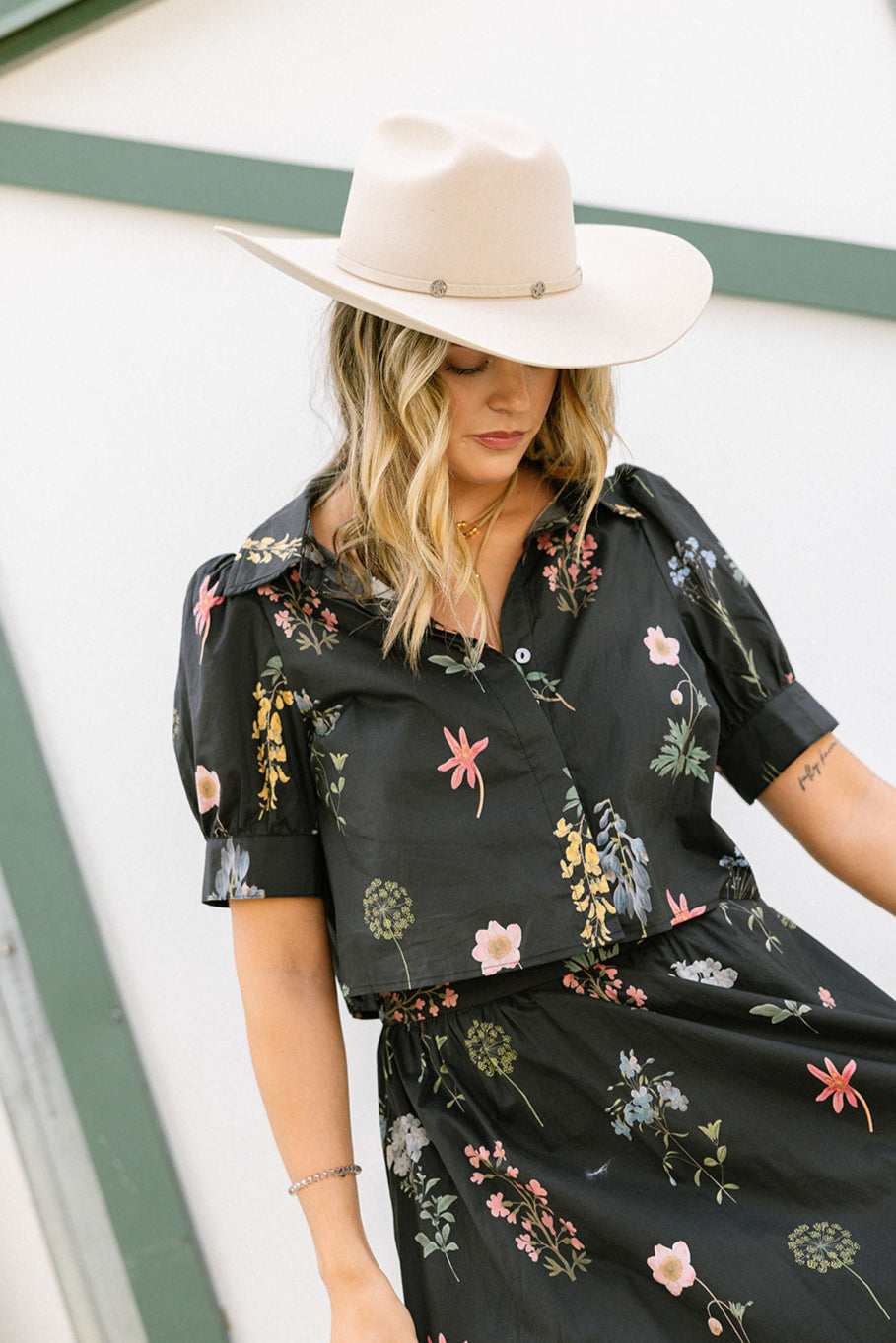 Maria Black Multi Floral Cropped Button-Up Top- front side view