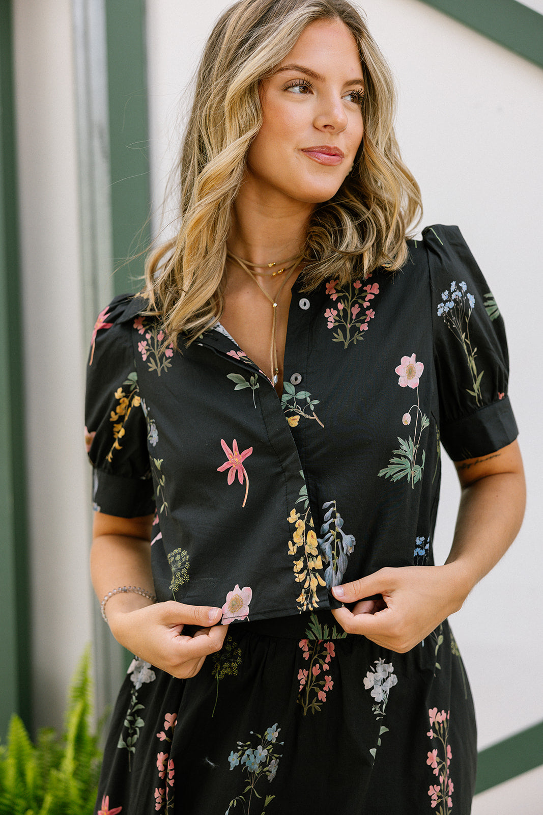Maria Black Multi Floral Cropped Button-Up Top- close up front view