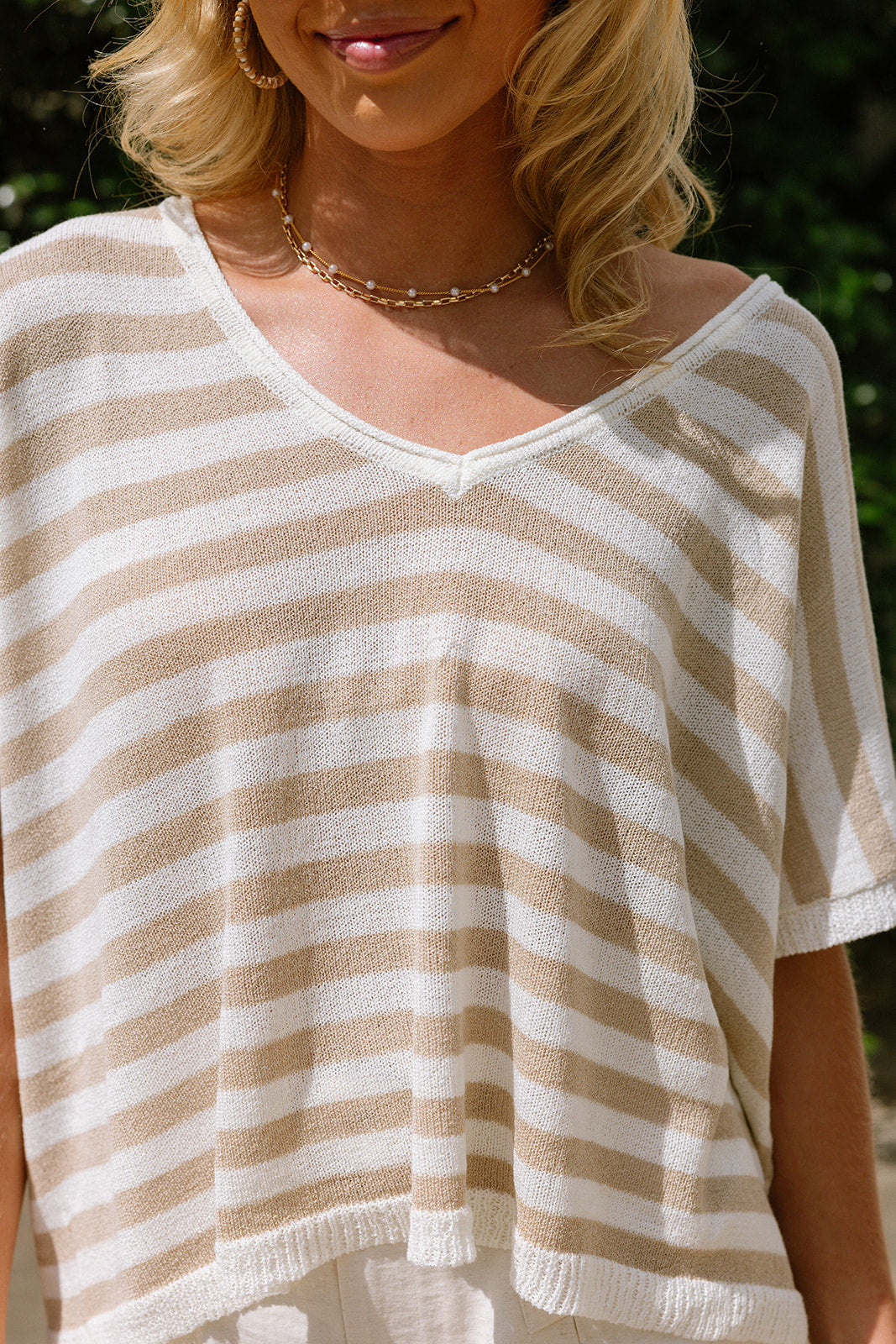 Alaia Tan & White Knit Stripe Top- close up front view