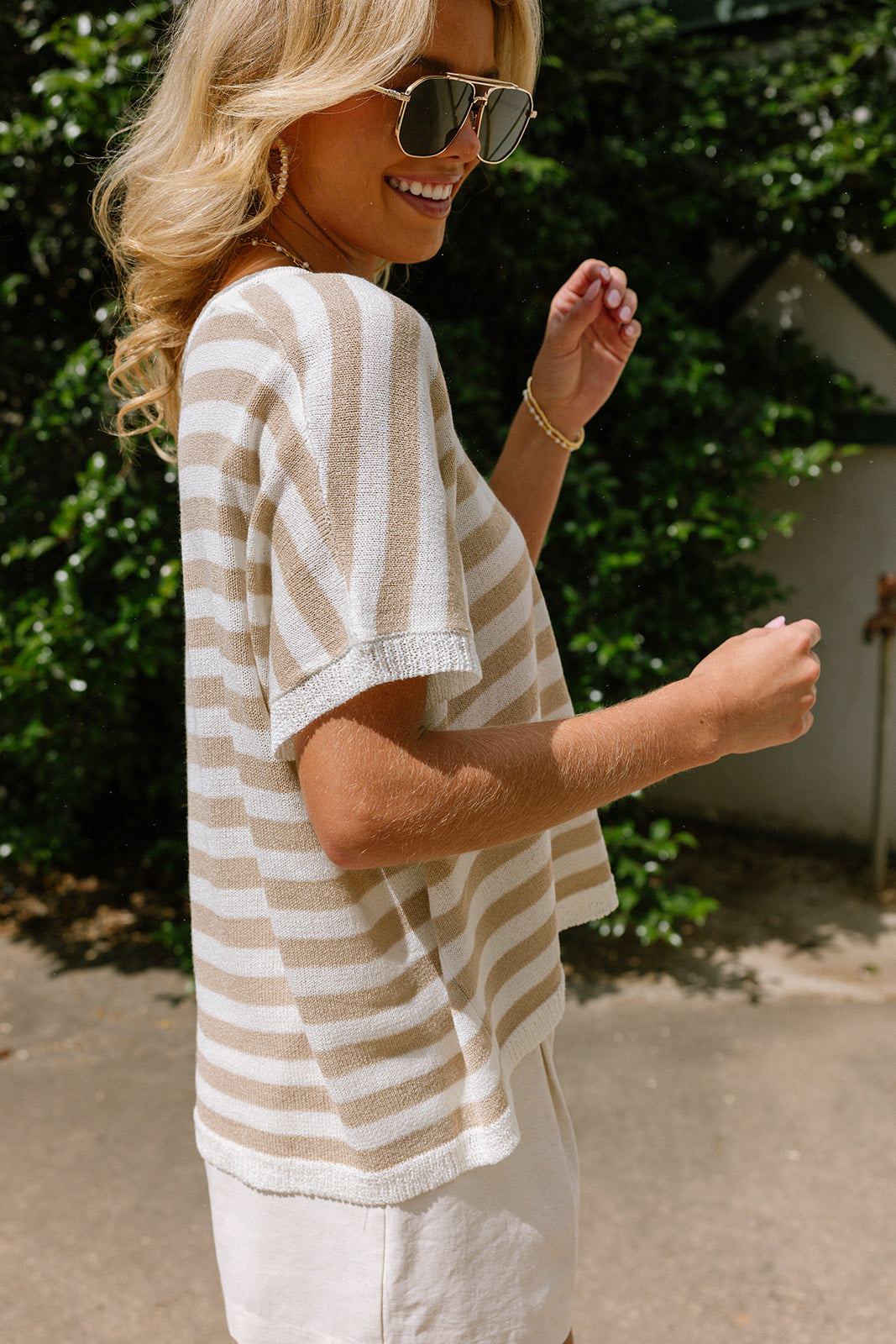 Alaia Tan & White Knit Stripe Top- side view