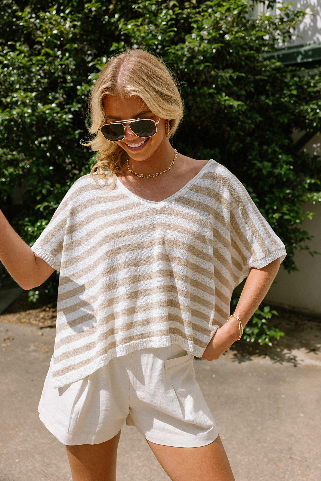 Alaia Tan & White Knit Stripe Top- front top view