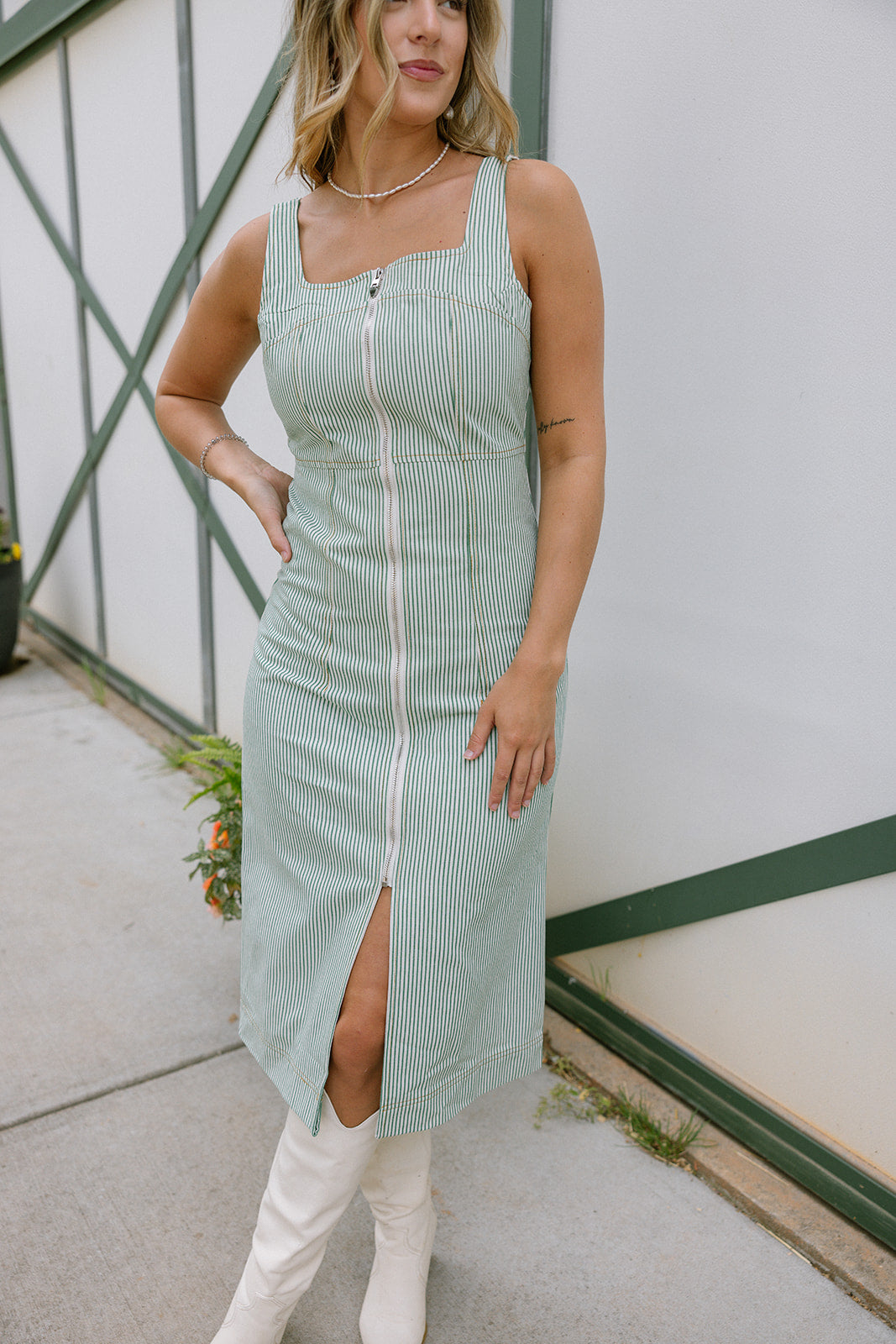 Reagan Green & Cream Linen Stripe Midi Dress- full view