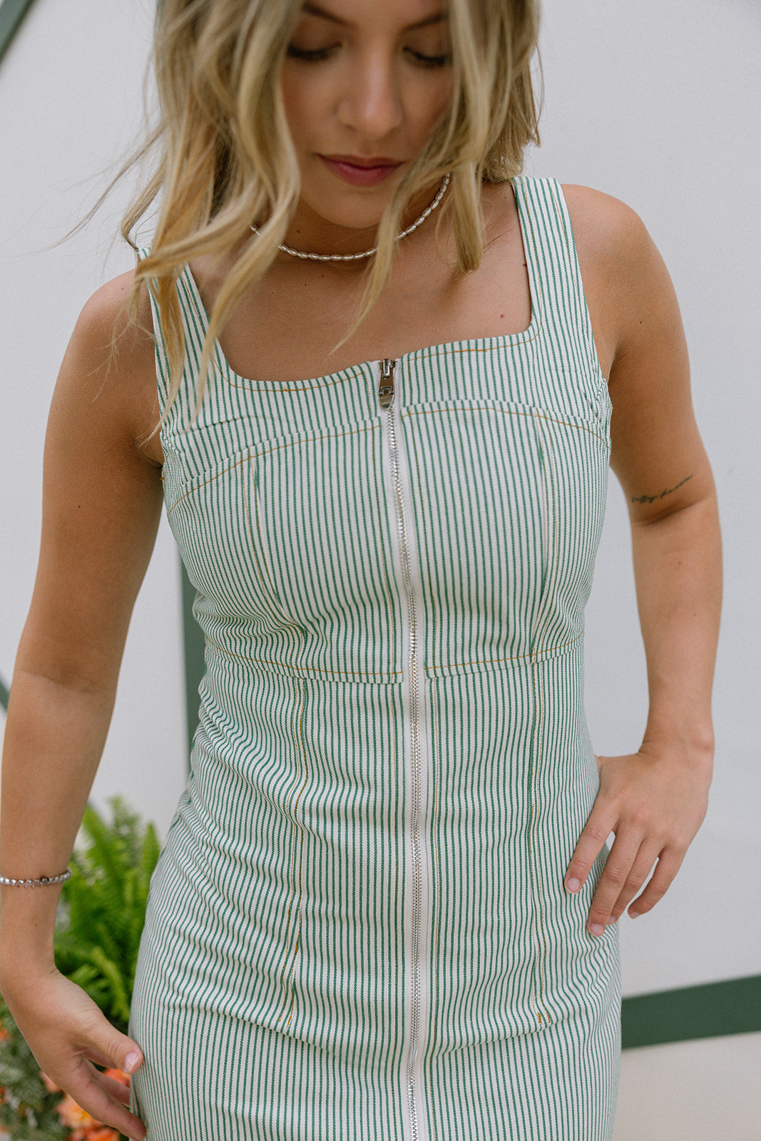 Reagan Green & Cream Linen Stripe Midi Dress- close up front view