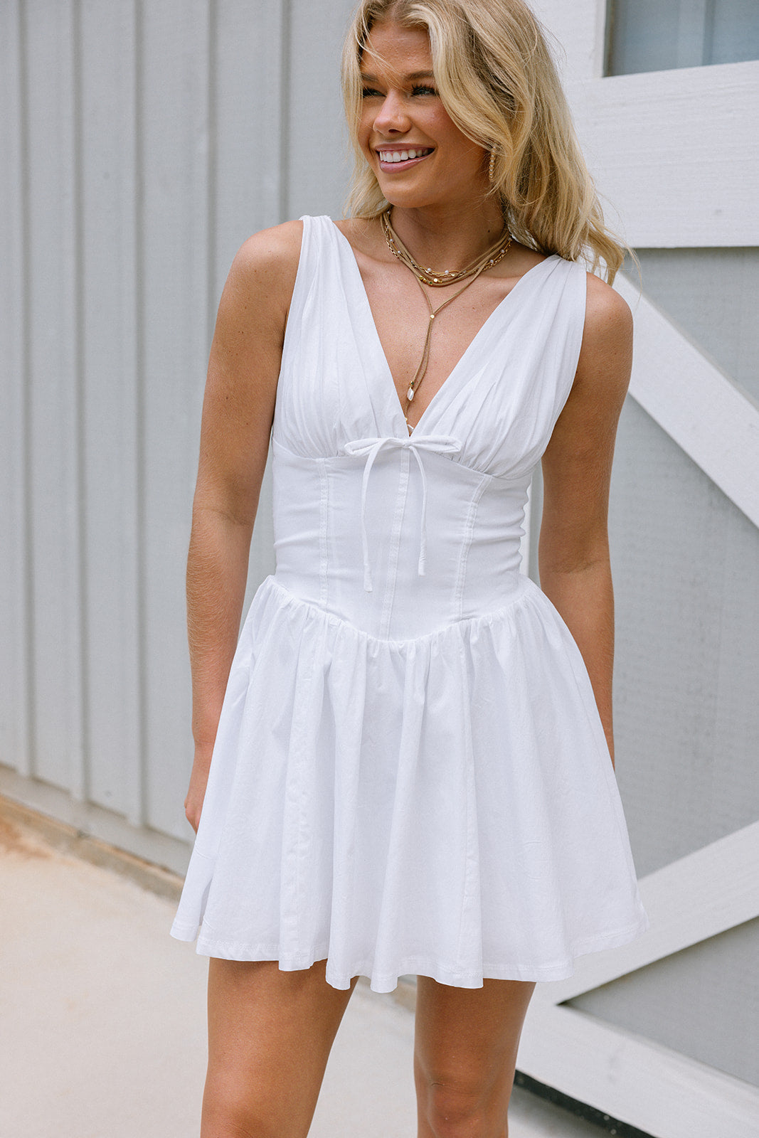 Juliette White Corset Flare Mini Dress- close up front view