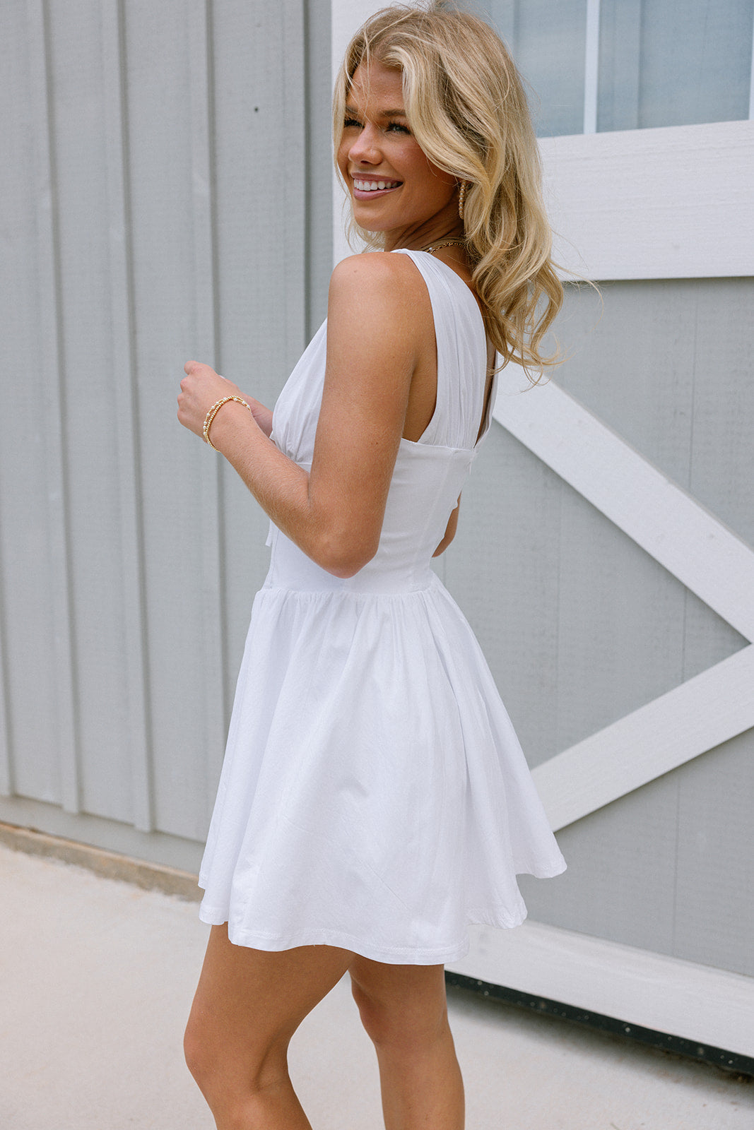 Juliette White Corset Flare Mini Dress- side view