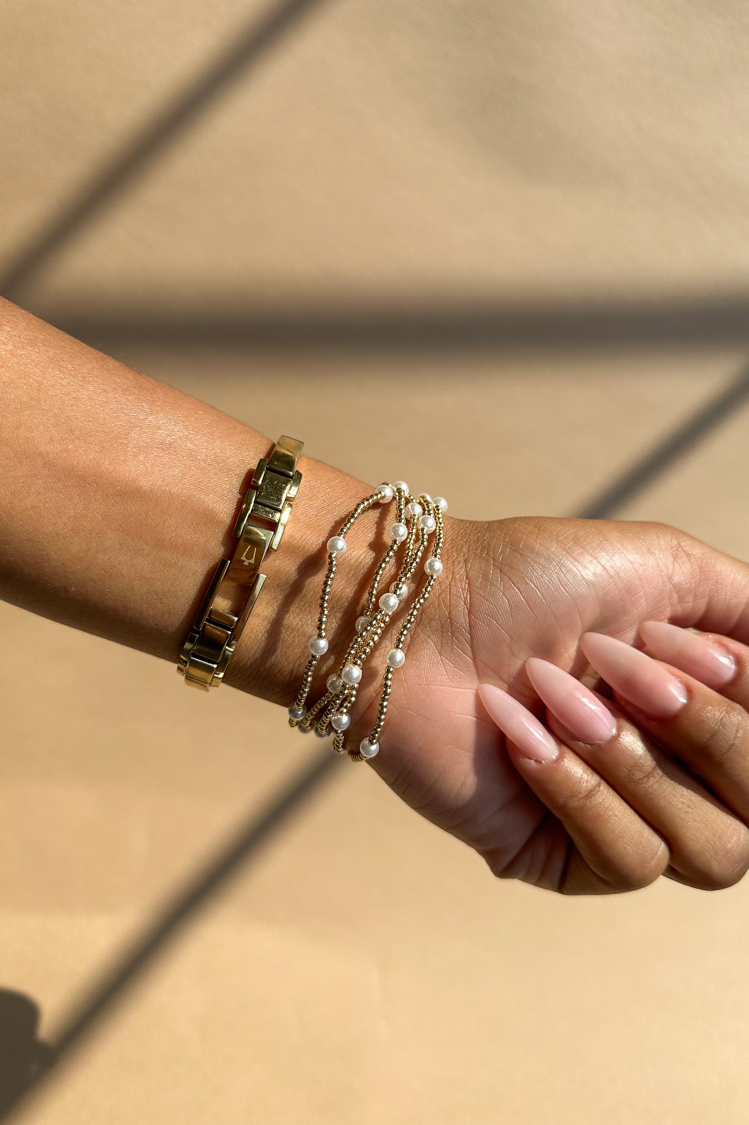 Colette Pearl & Gold Beaded Bracelet Set- close up back view