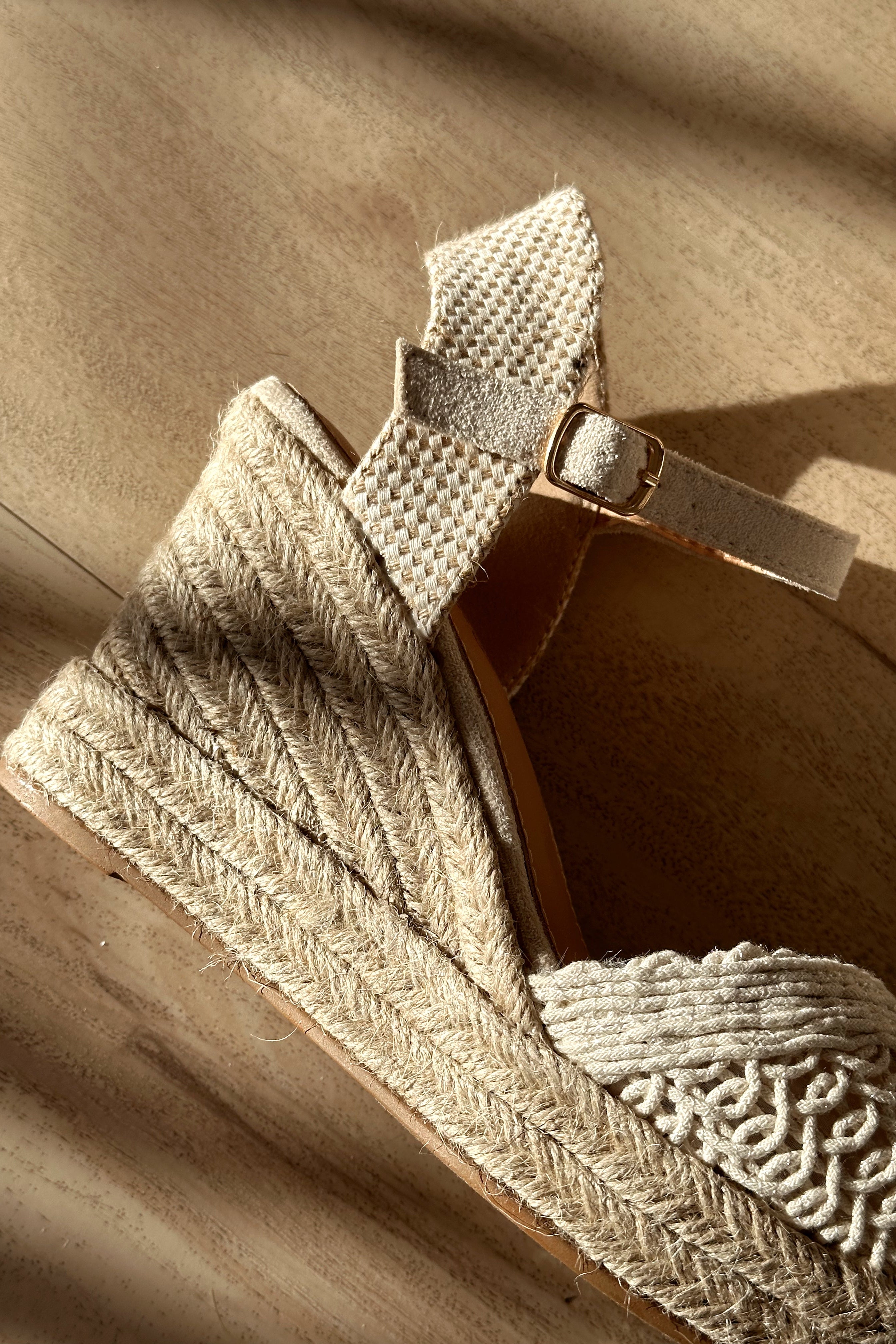 Ditch Cream Crochet Knit Espadrille Wedge Sandal- flat lay side view