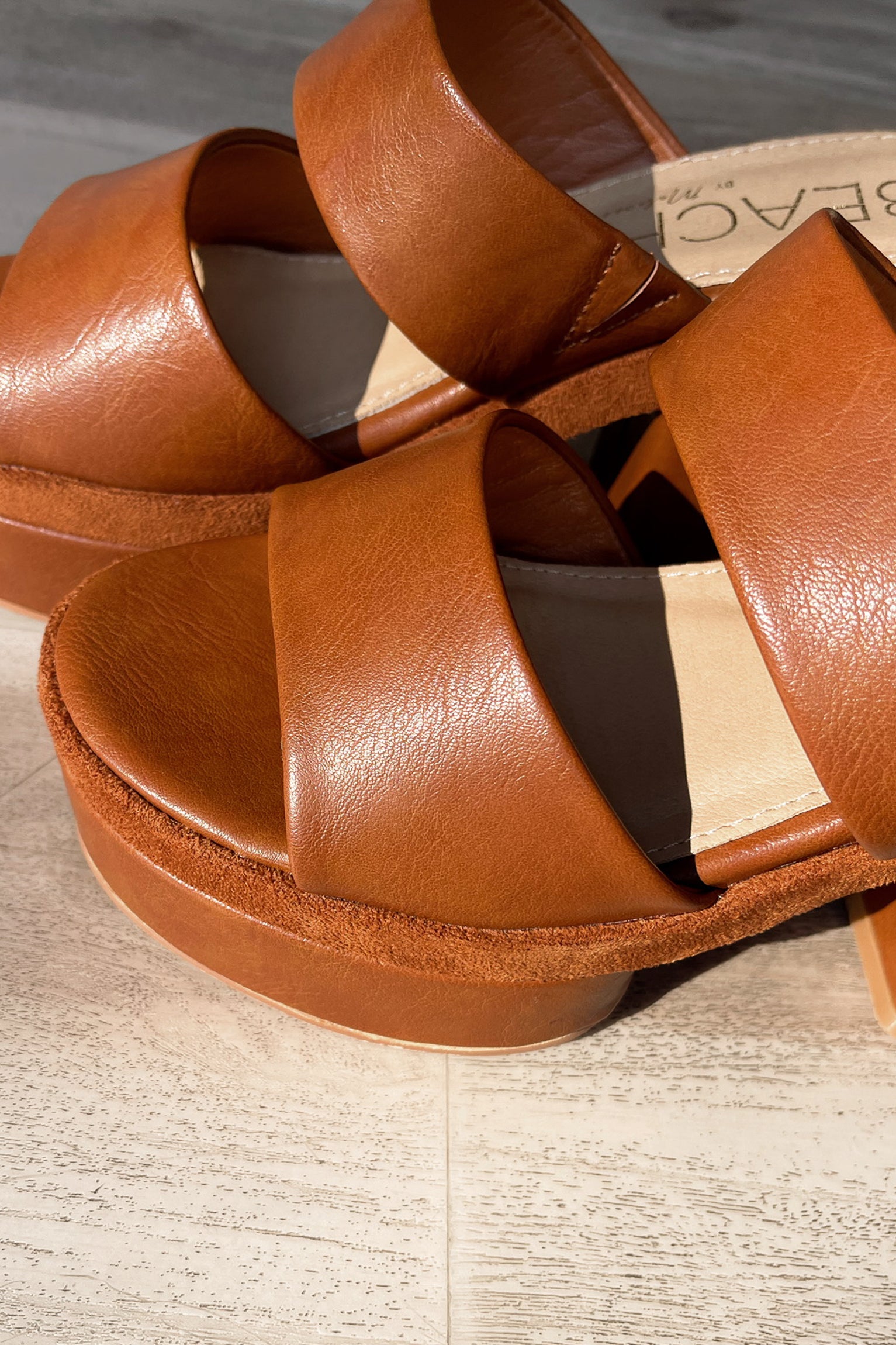 Beach by Matisse Graham Cognac Platform Sandal- close up side toe view