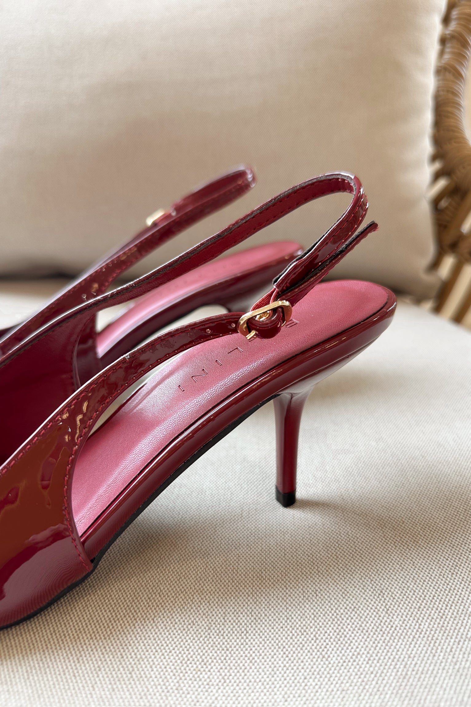 Lyle Deep Rouge Patent Slingback Heel- close up back heel view