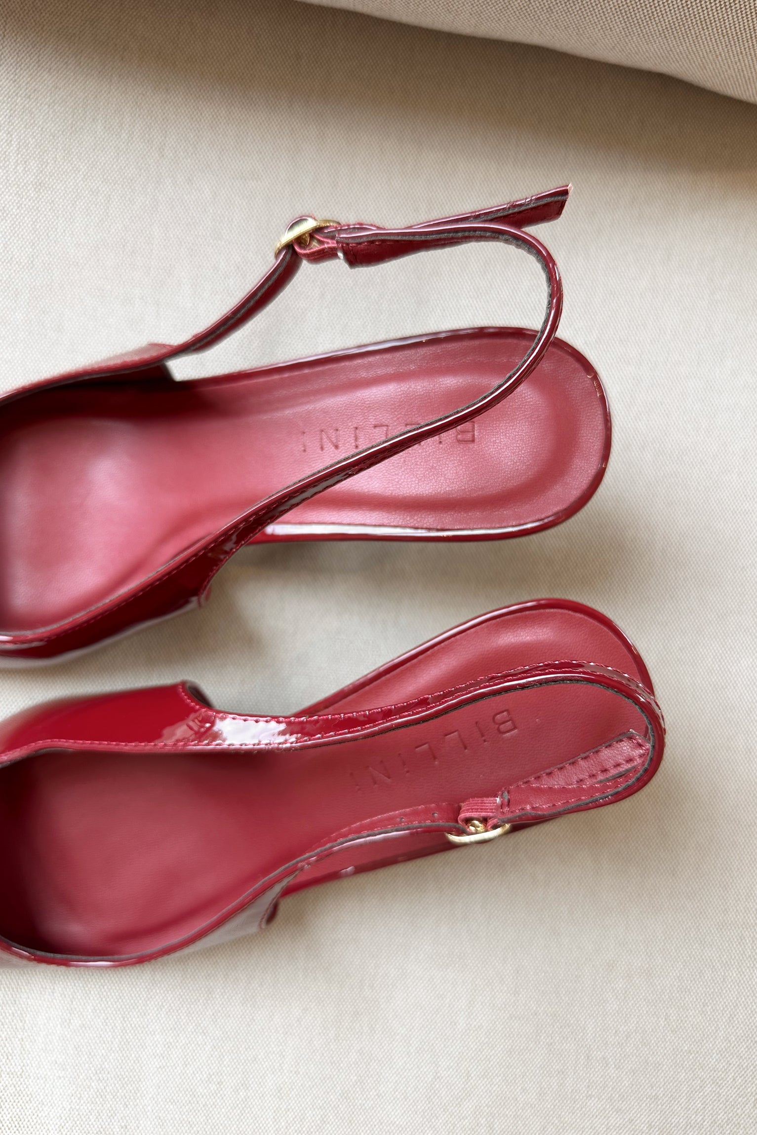Lyle Deep Rouge Patent Slingback Heel- close up ariel view