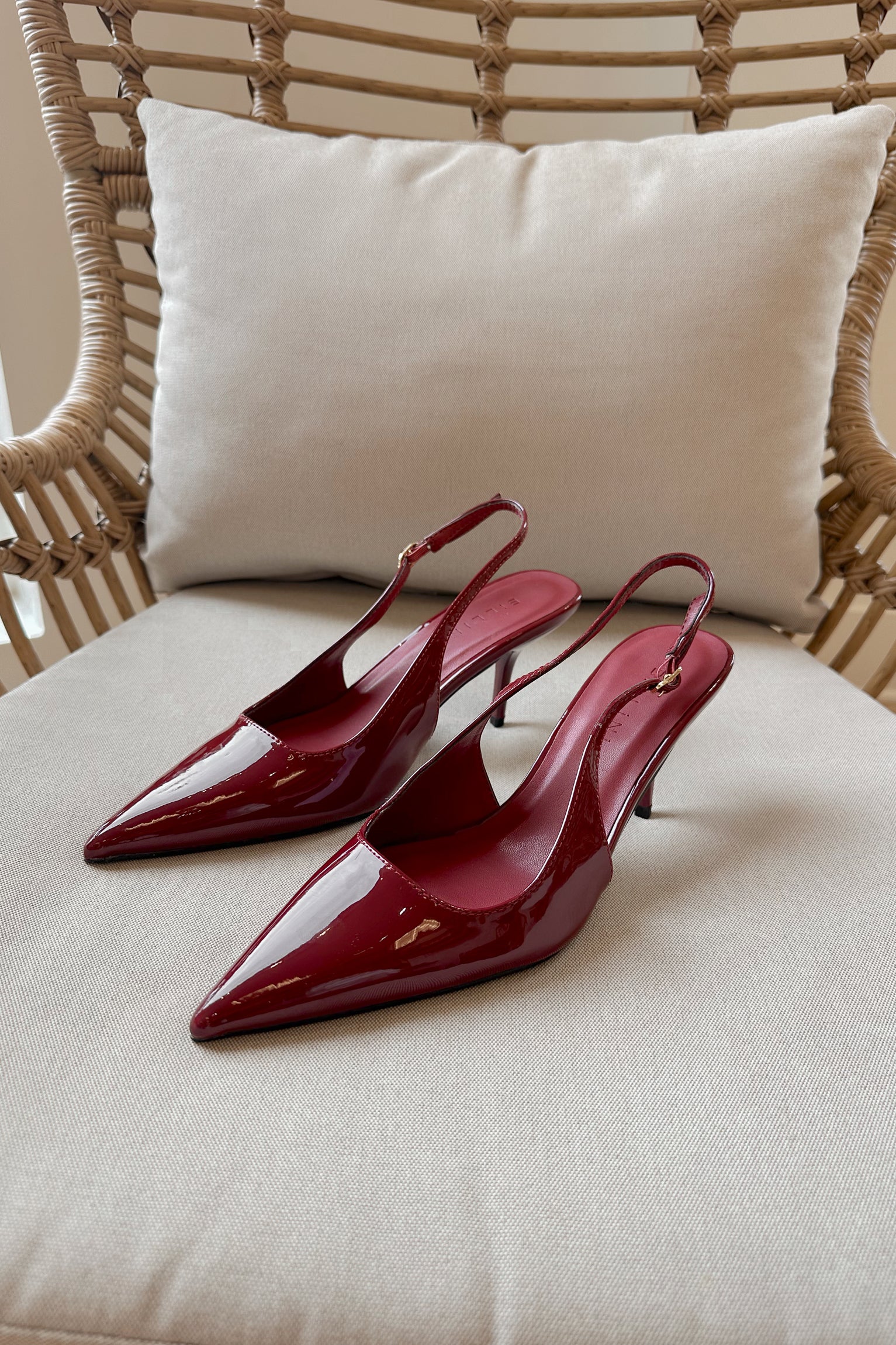 Lyle Deep Rouge Patent Slingback Heel- frontal right side view