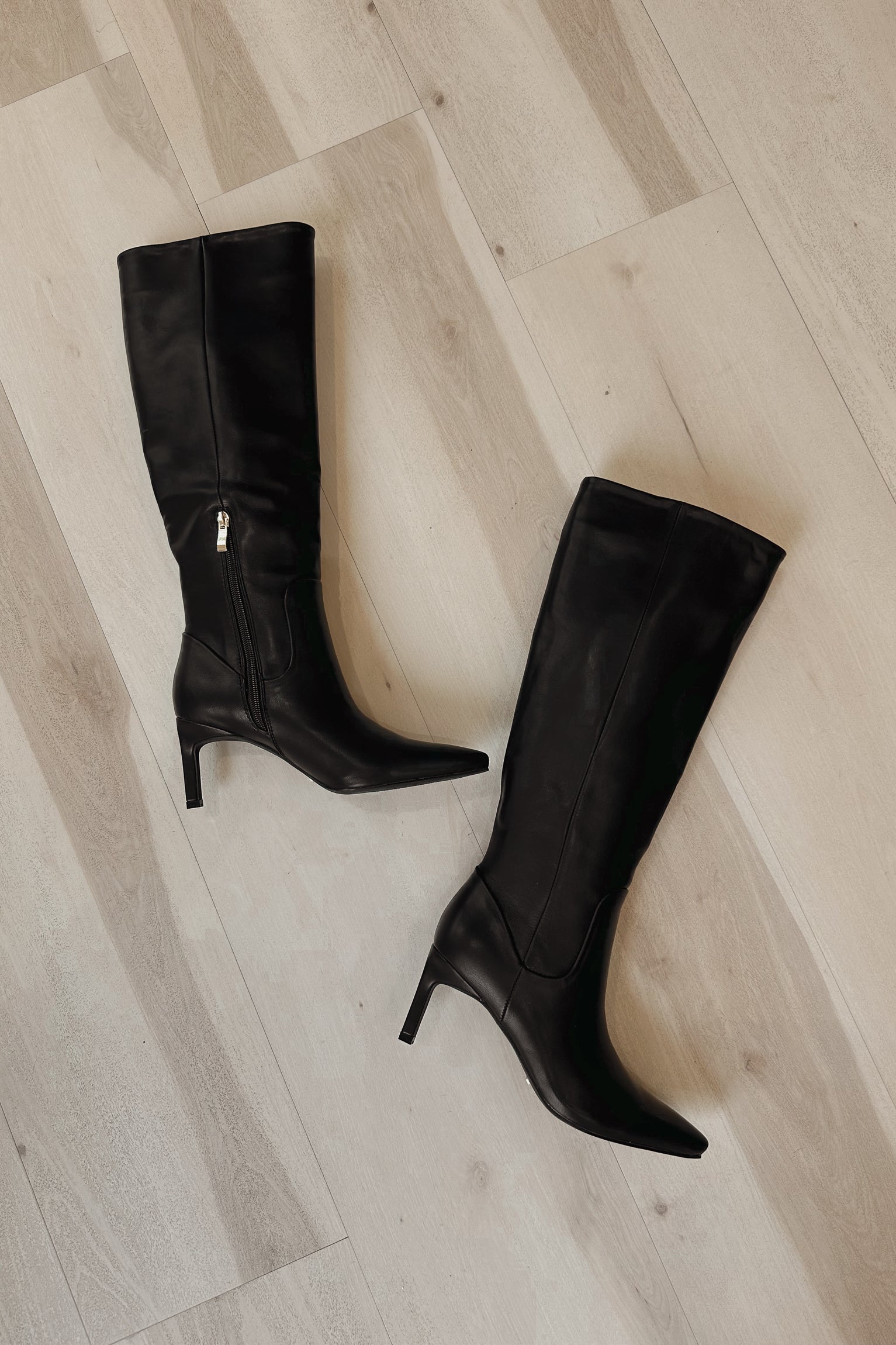 Huda Black Knee High Stiletto Boot- flat lay view