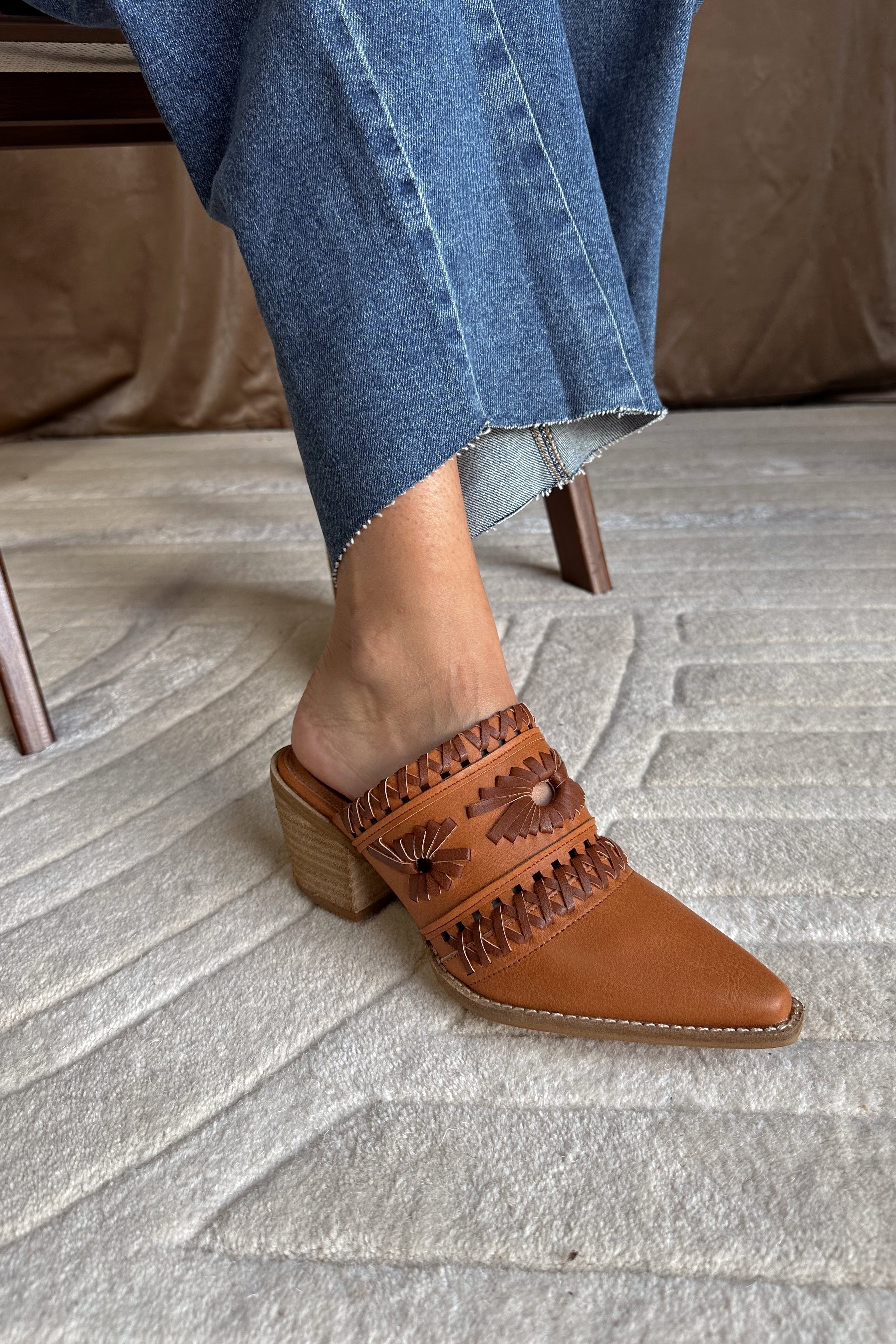 Tessa Camel Western Mule- close up view