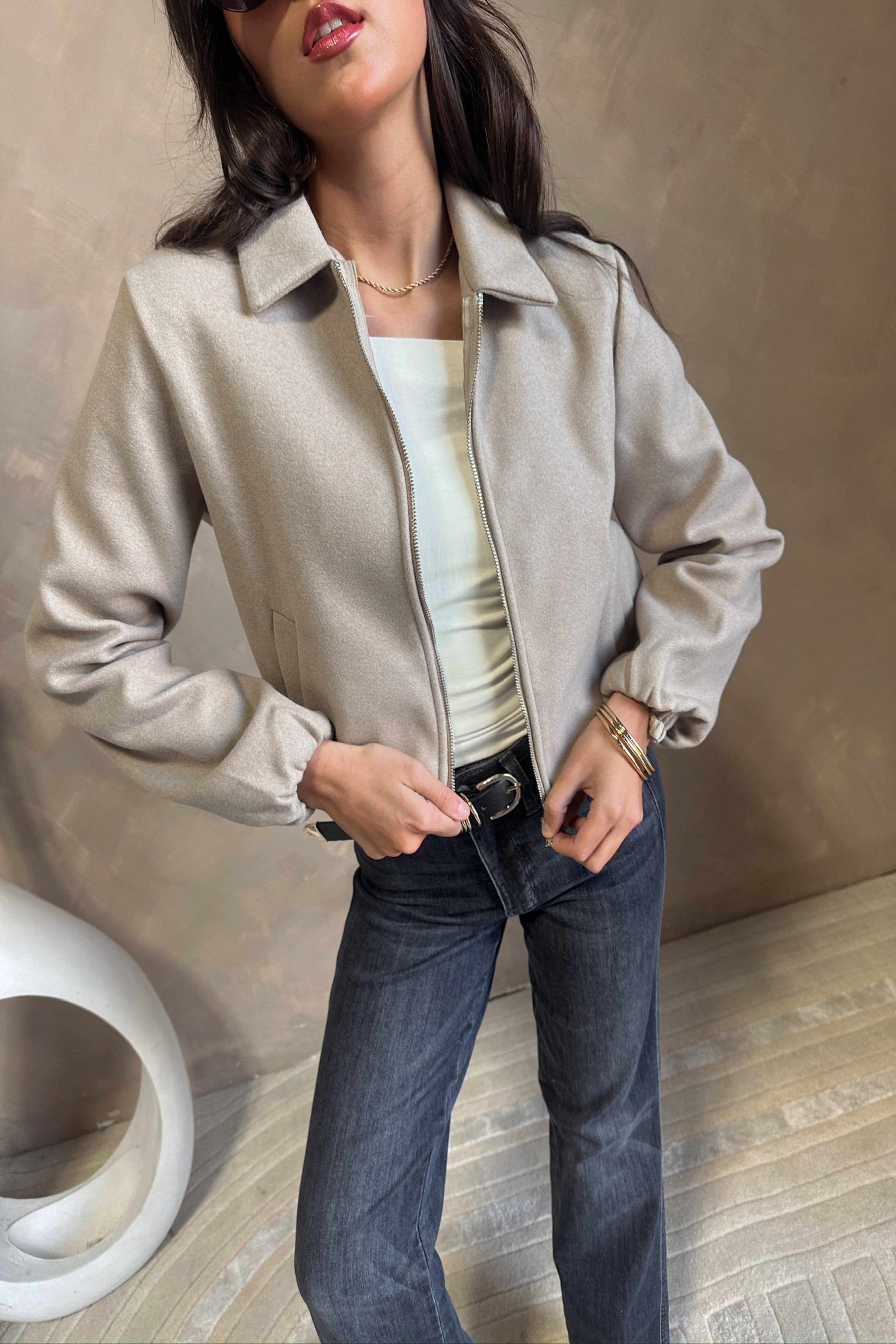 Rosalind Beige Zip Up Collared Jacket - front view