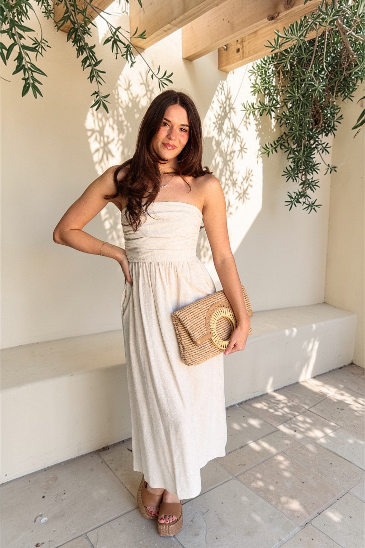 Margot Natural Strapless Linen Midi Dress