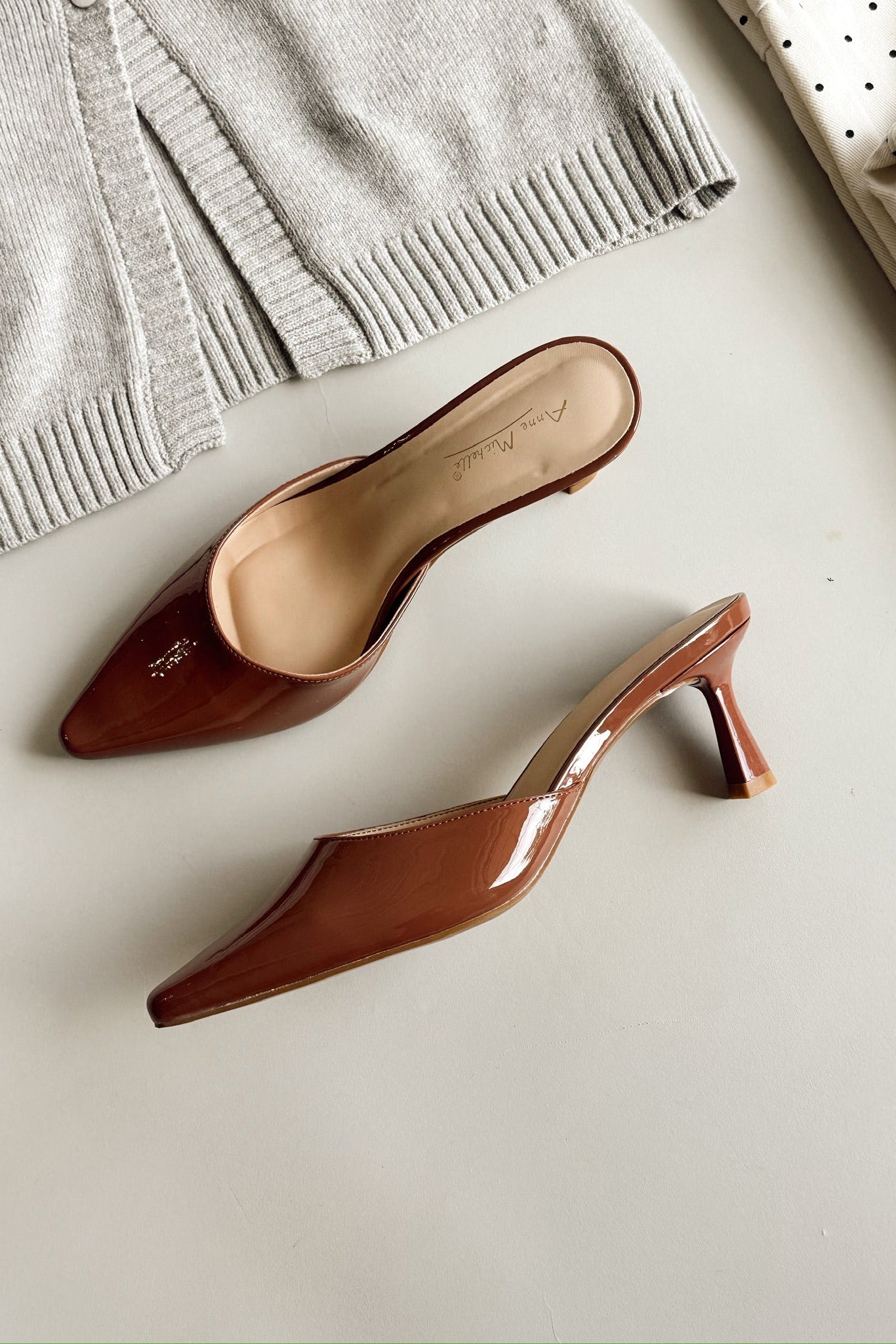 Scarlet Brown Patent Leather Pointed Toe Heel- full flat lay view