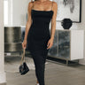 Full body view of female model wearing the Danna Black Open Back Midi Dress which features  Black Lightweight Fabric, Midi Length, Square Neckline, Skinny Straps and Scoop Back