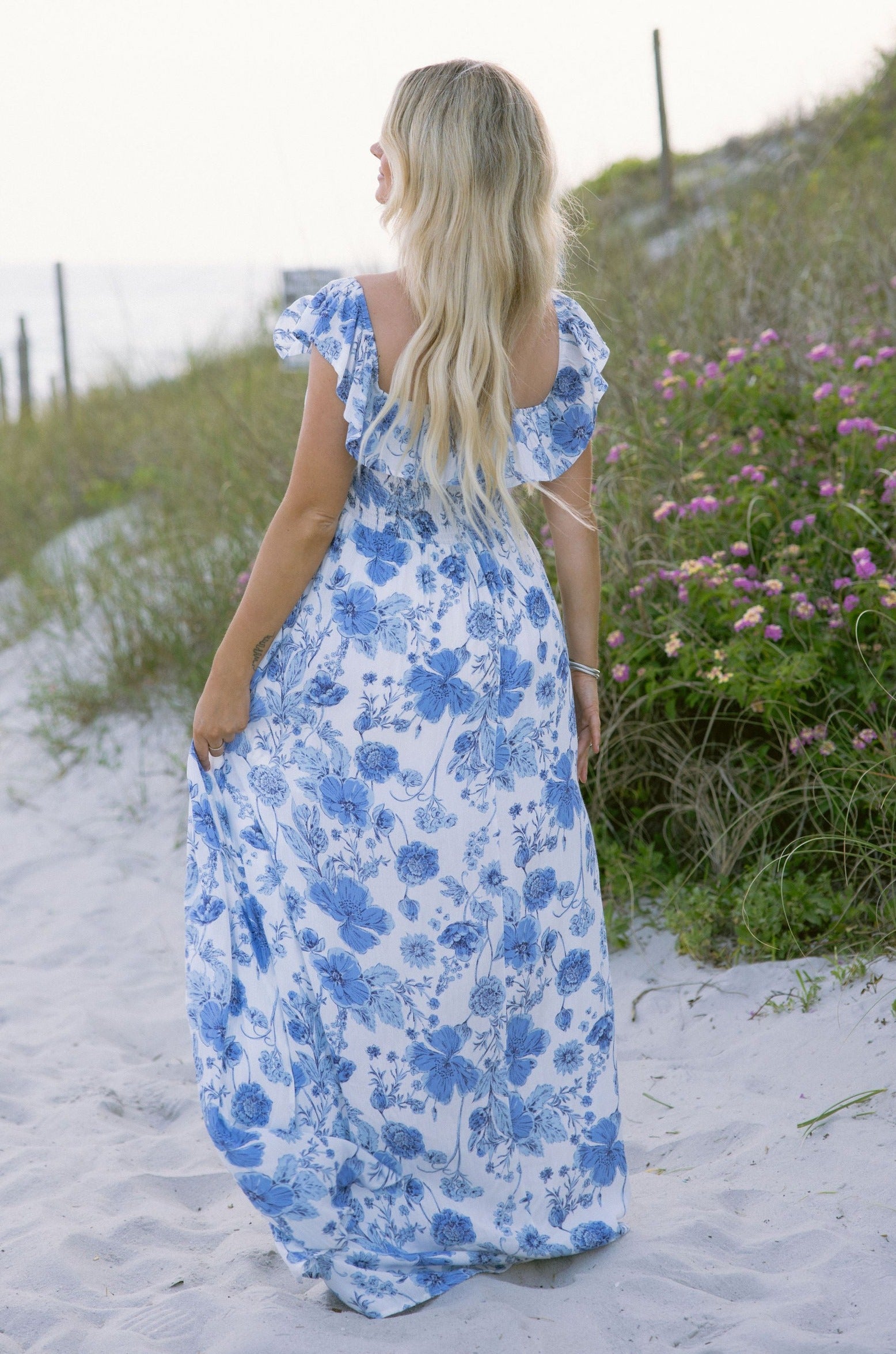 Camila White & Blue Floral Ruffle Maxi Dress