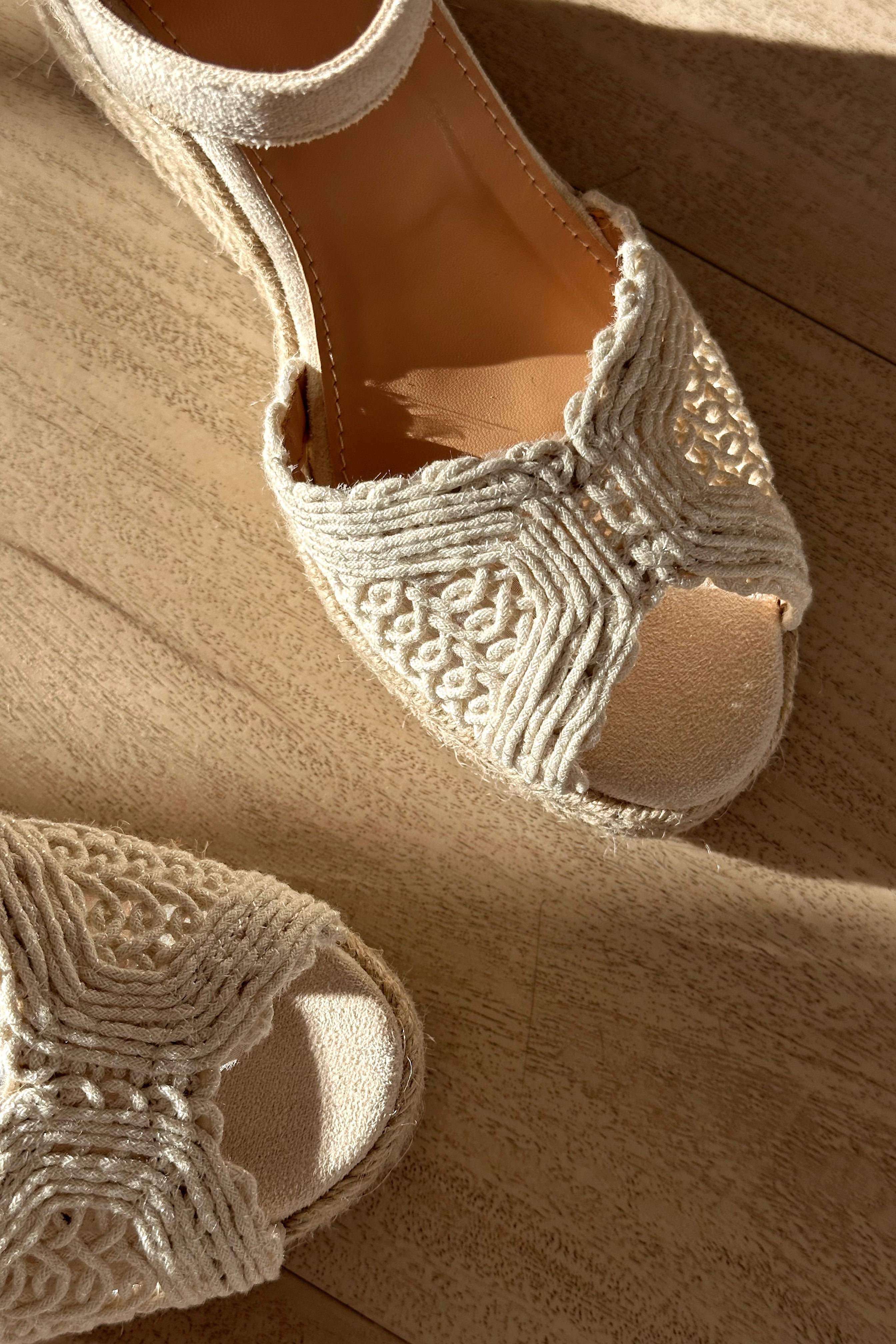 Ditch Cream Crochet Knit Espadrille Wedge Sandal- close up toe view