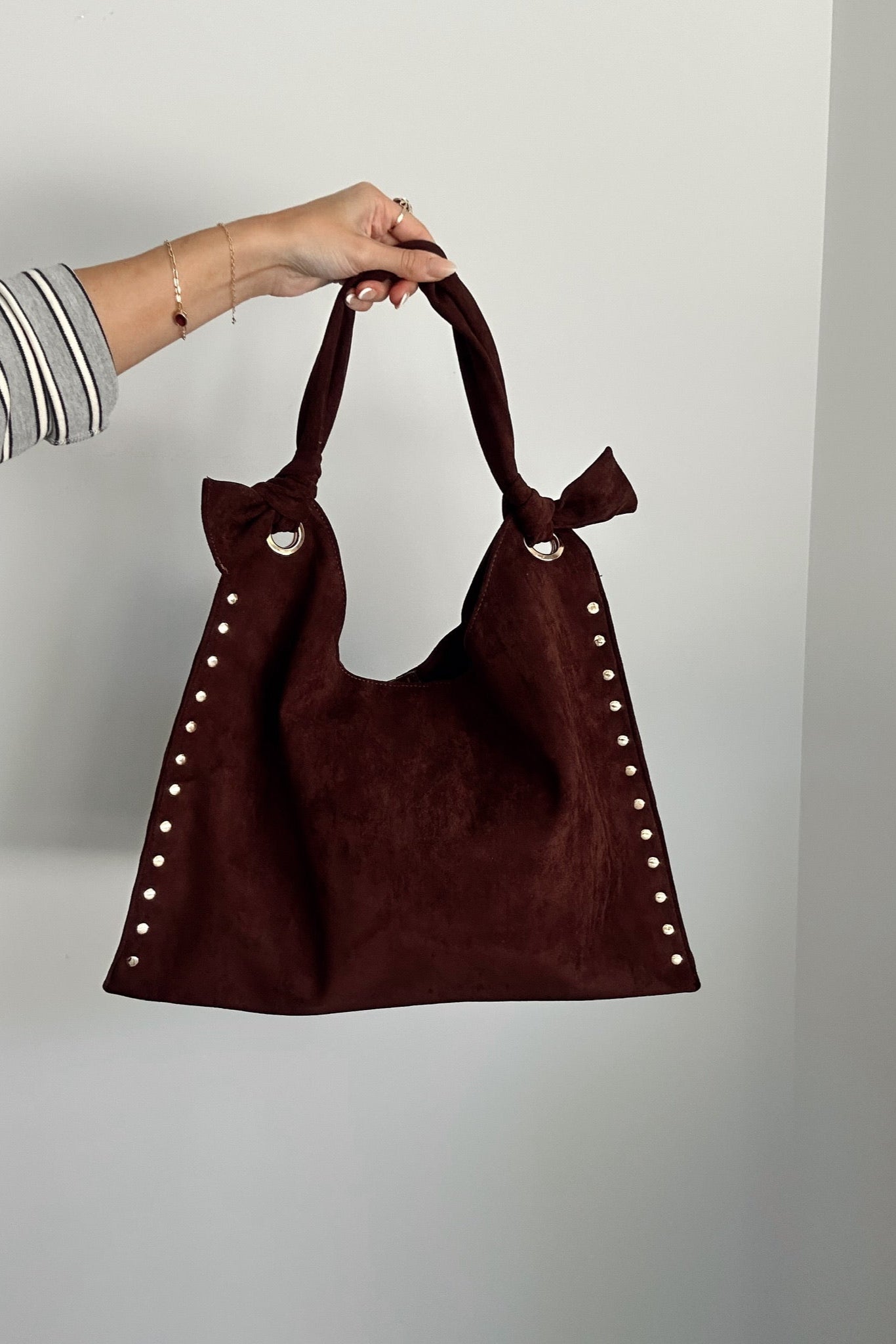 Sophia Dark Brown Suede & Studs Tote- front view