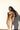 Full body view of female model wearing the Franceska Taupe Ombre Satin Midi Dress which features Brown Ombre Satin Fabric, Midi Length, Sleeveless, Black Thigh Length Lining and Cowl Neckline 
