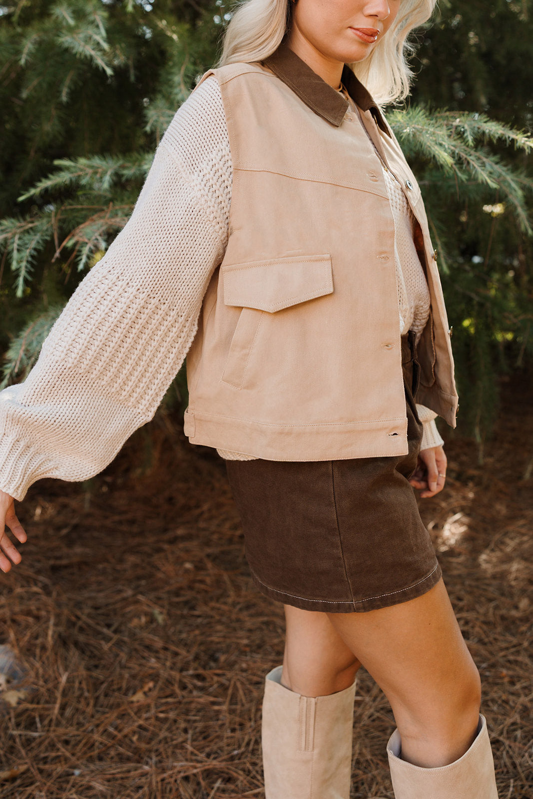 Evelyn Taupe Denim Barn Vest - side view