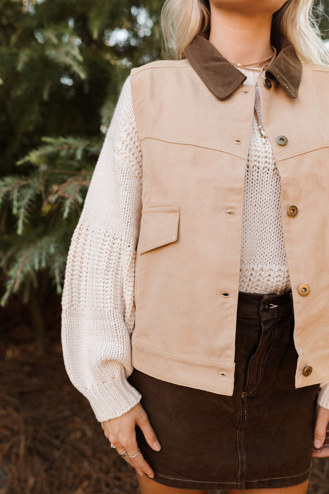 Evelyn Taupe Denim Barn Vest - close up front view