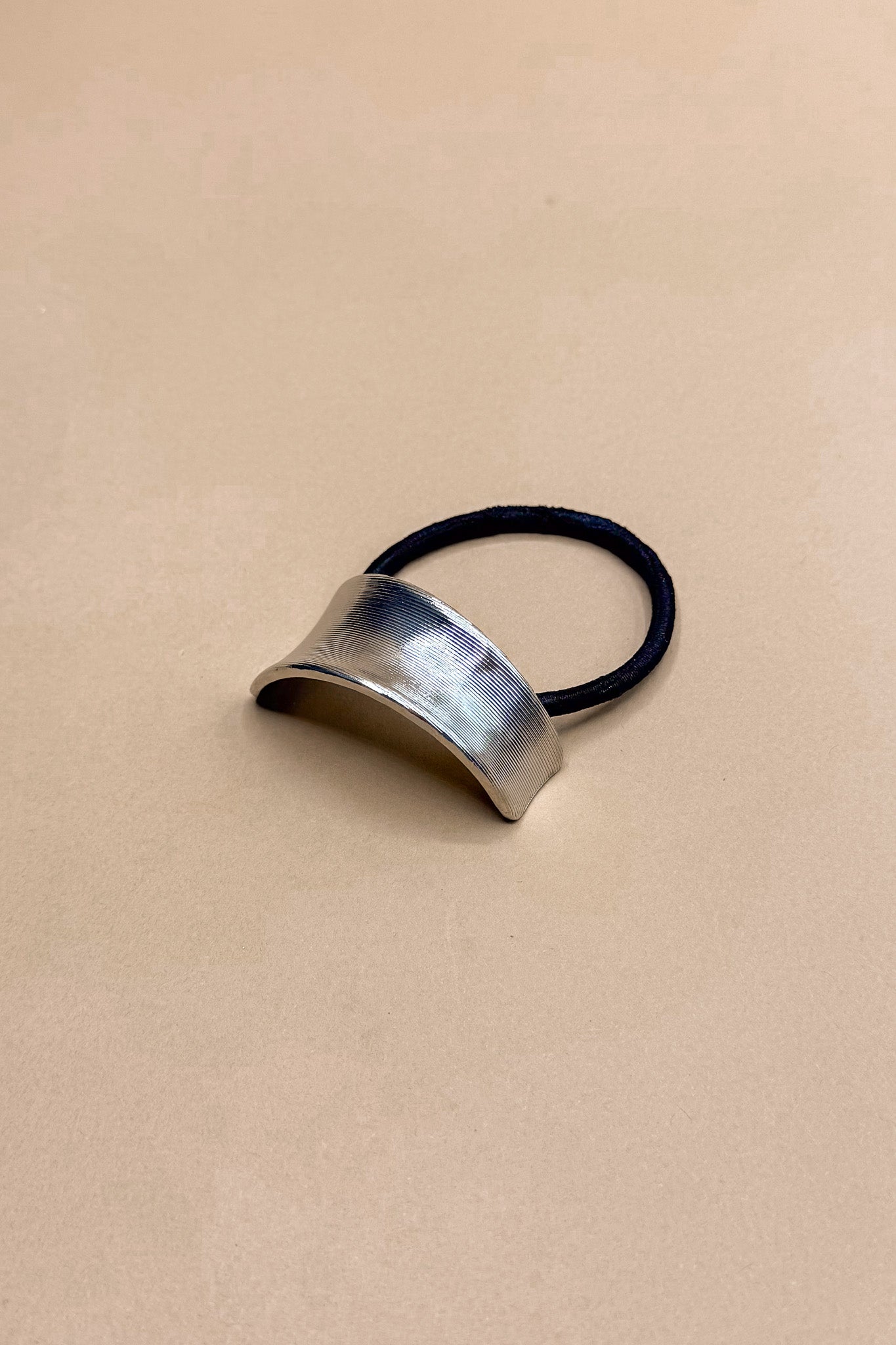 Alyssa Brushed Silver Ribbed Metal Cuff Hair Tie- front side view