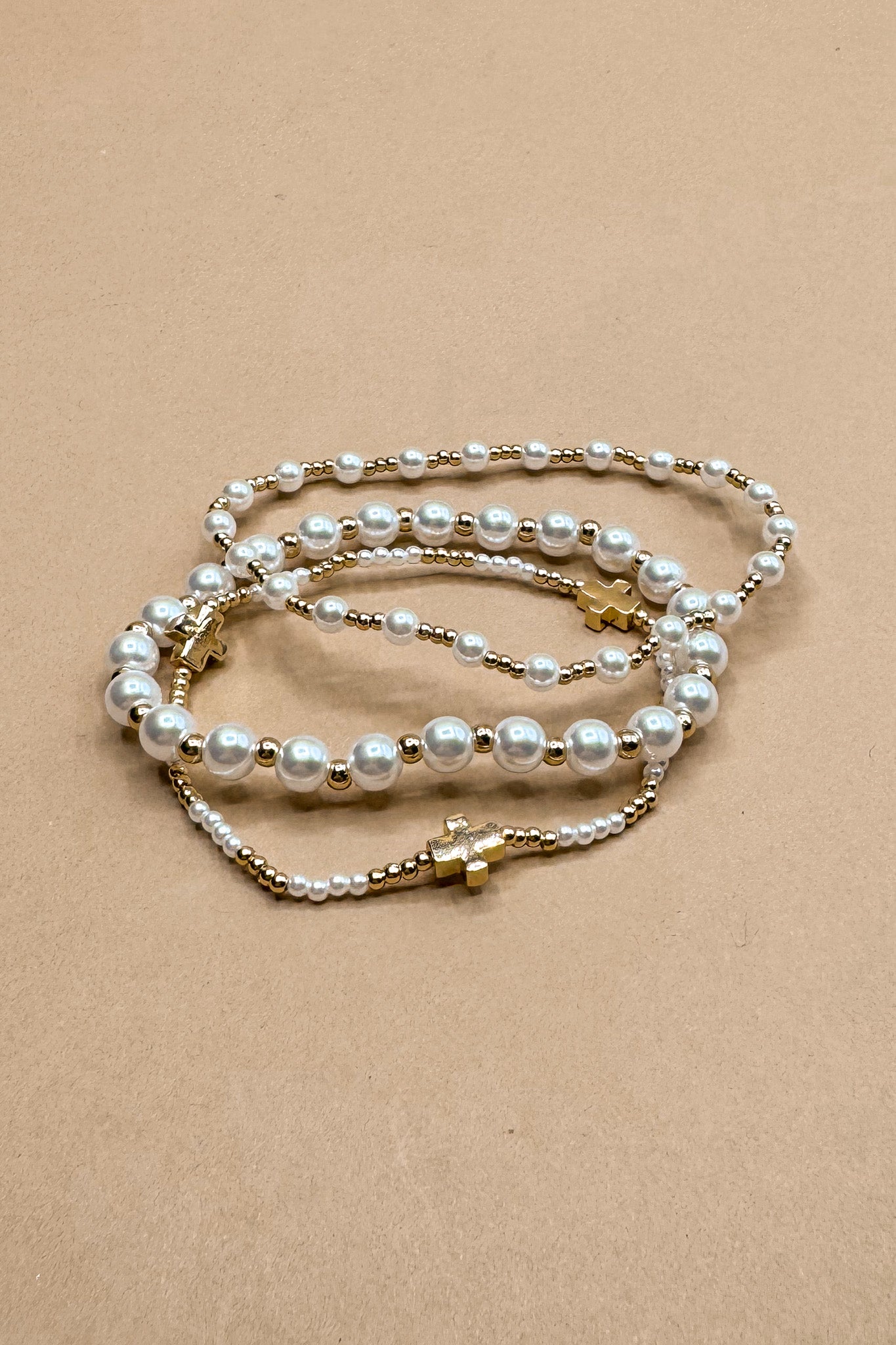 Melissa Pearl & Gold Cross Beads Bracelet Set- close up view