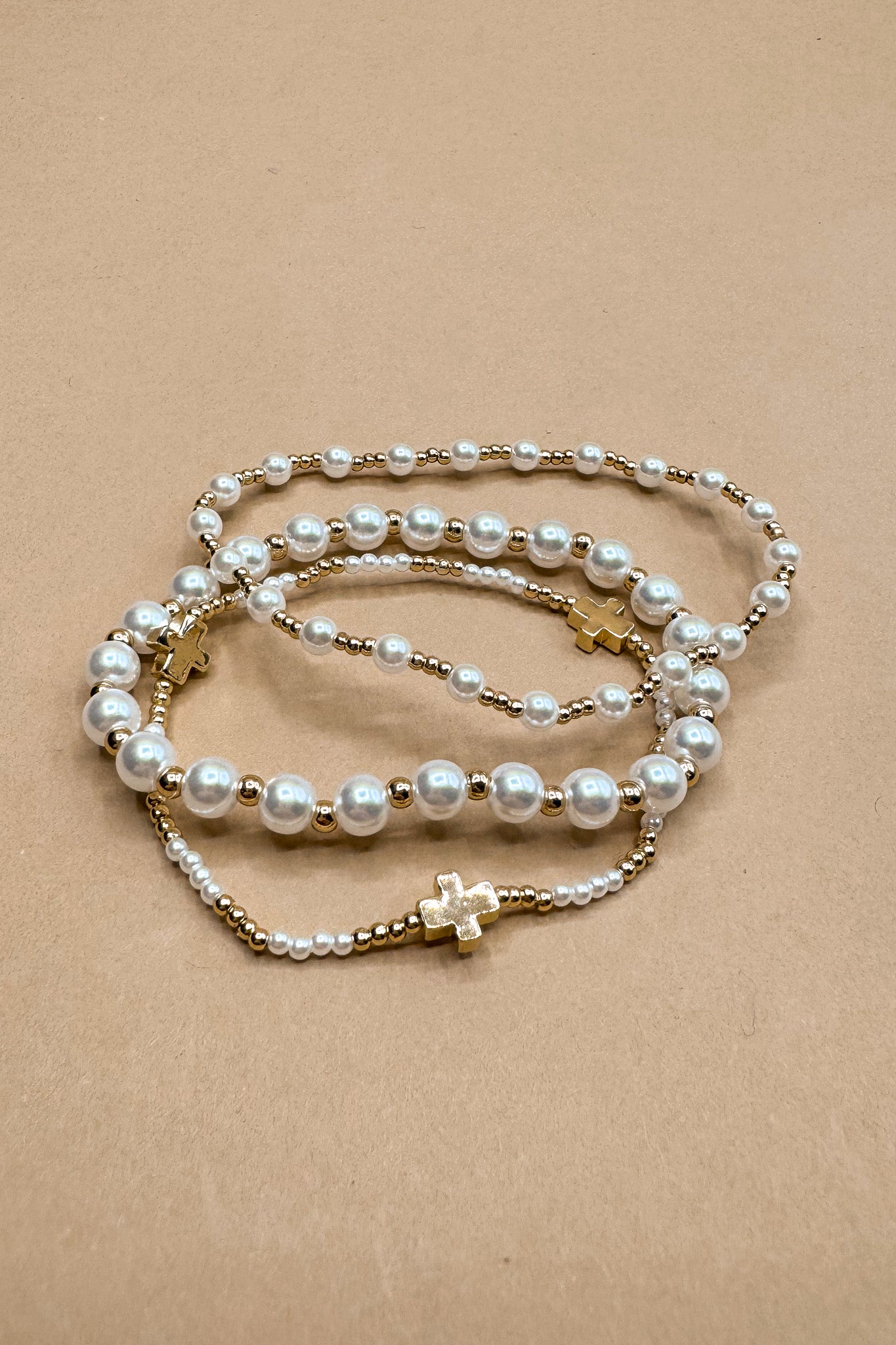 Melissa Pearl & Gold Cross Beads Bracelet Set- front close up view