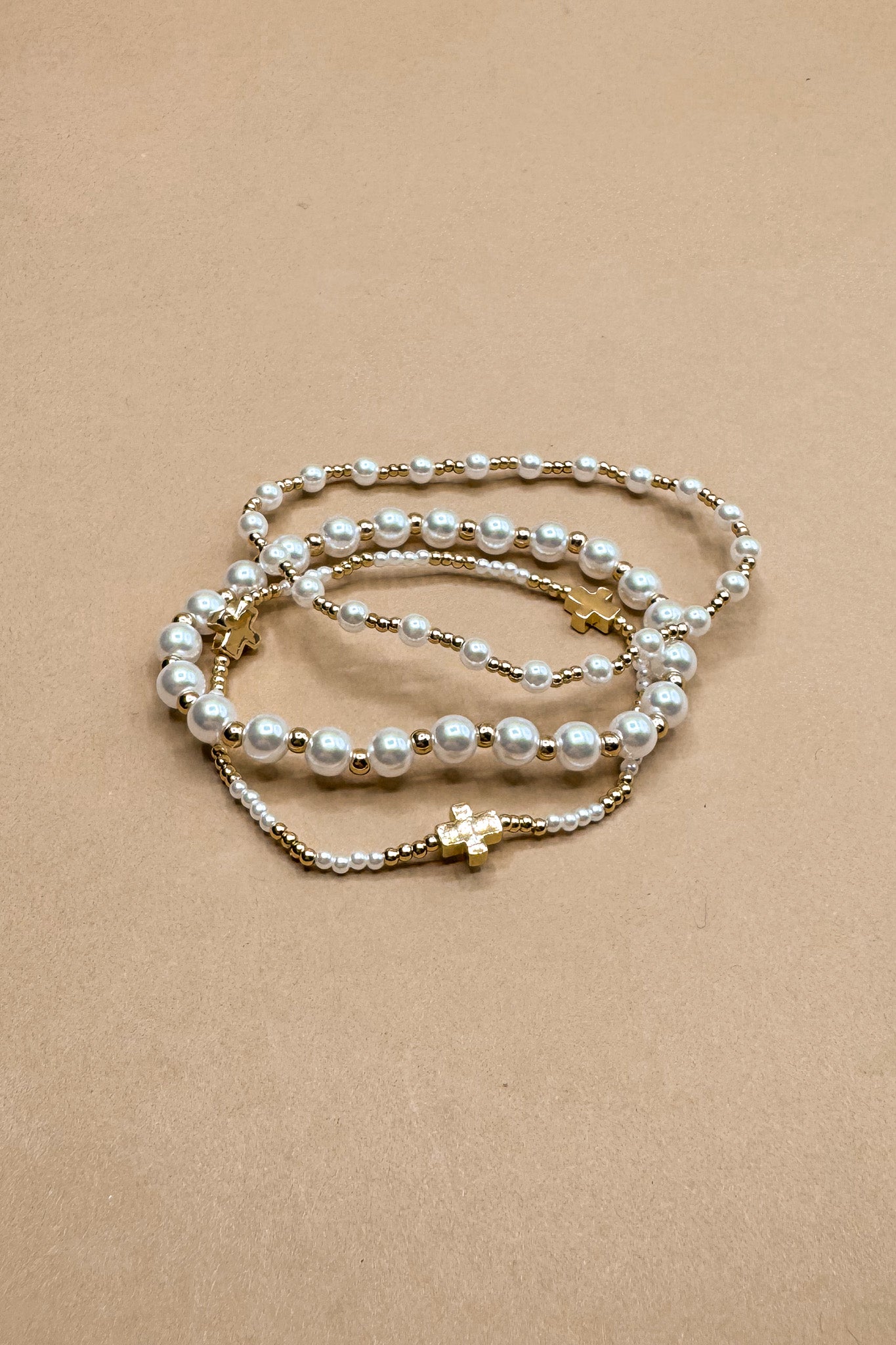 Melissa Pearl & Gold Cross Beads Bracelet Set- front view