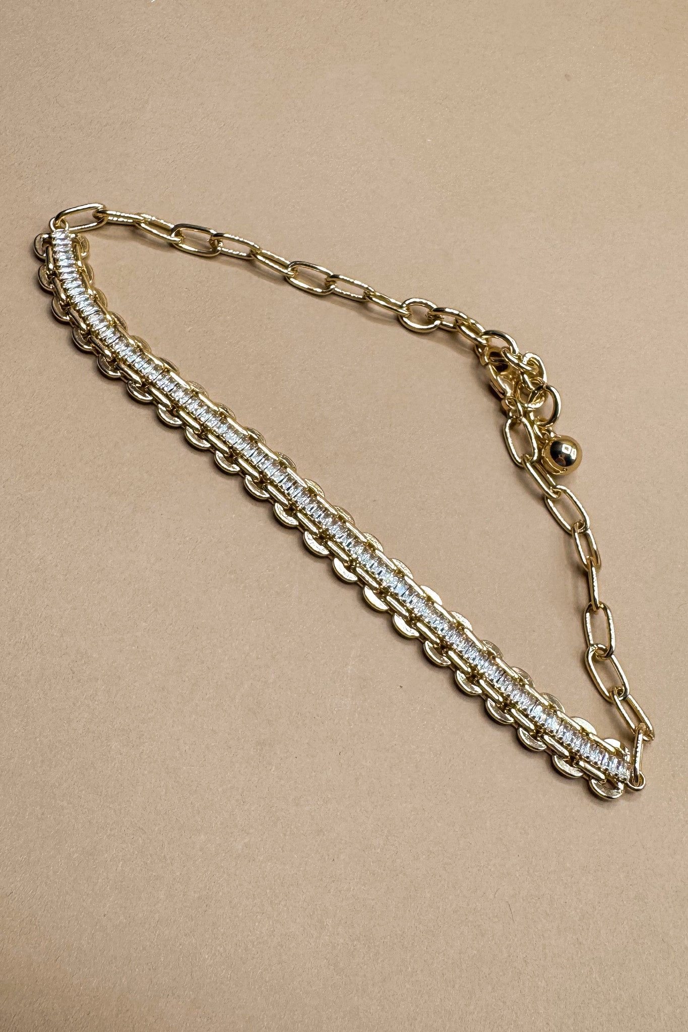 Alicia Gold Chain & Rhinestone Necklace- close up front view
