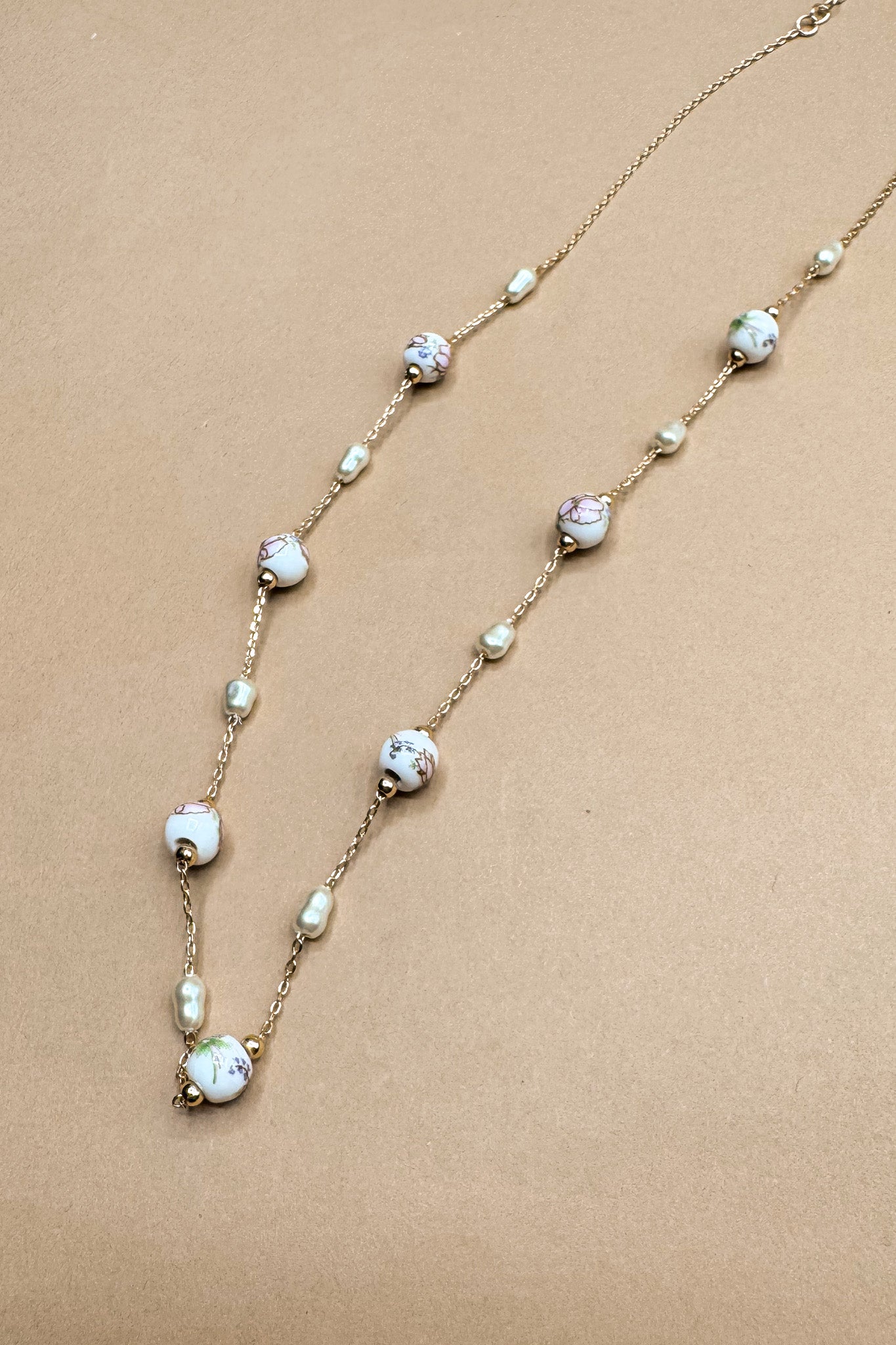 Julie White & Pink Floral Beads Chain Link Necklace- front view