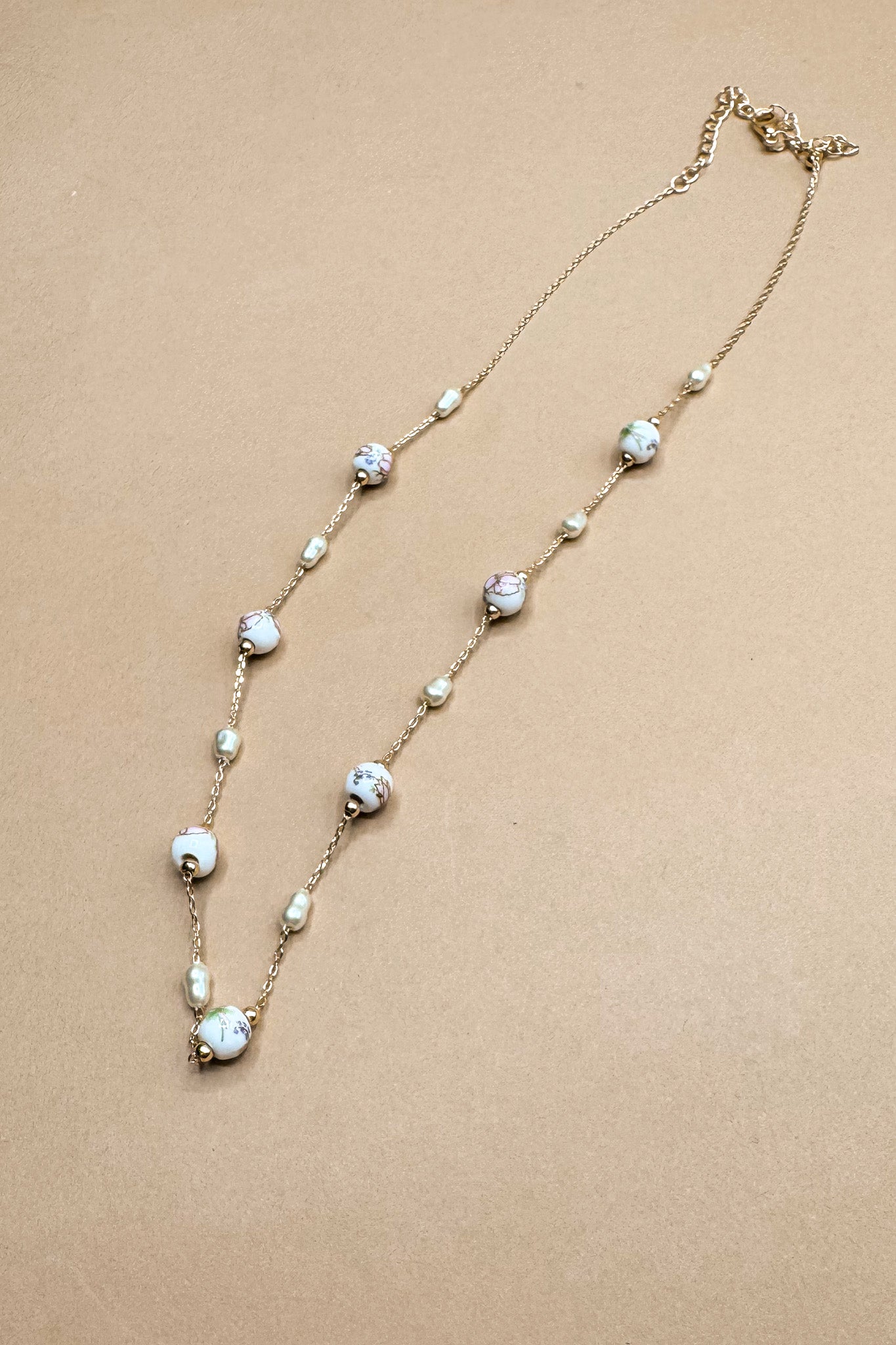 Julie White & Pink Floral Beads Chain Link Necklace- close up view