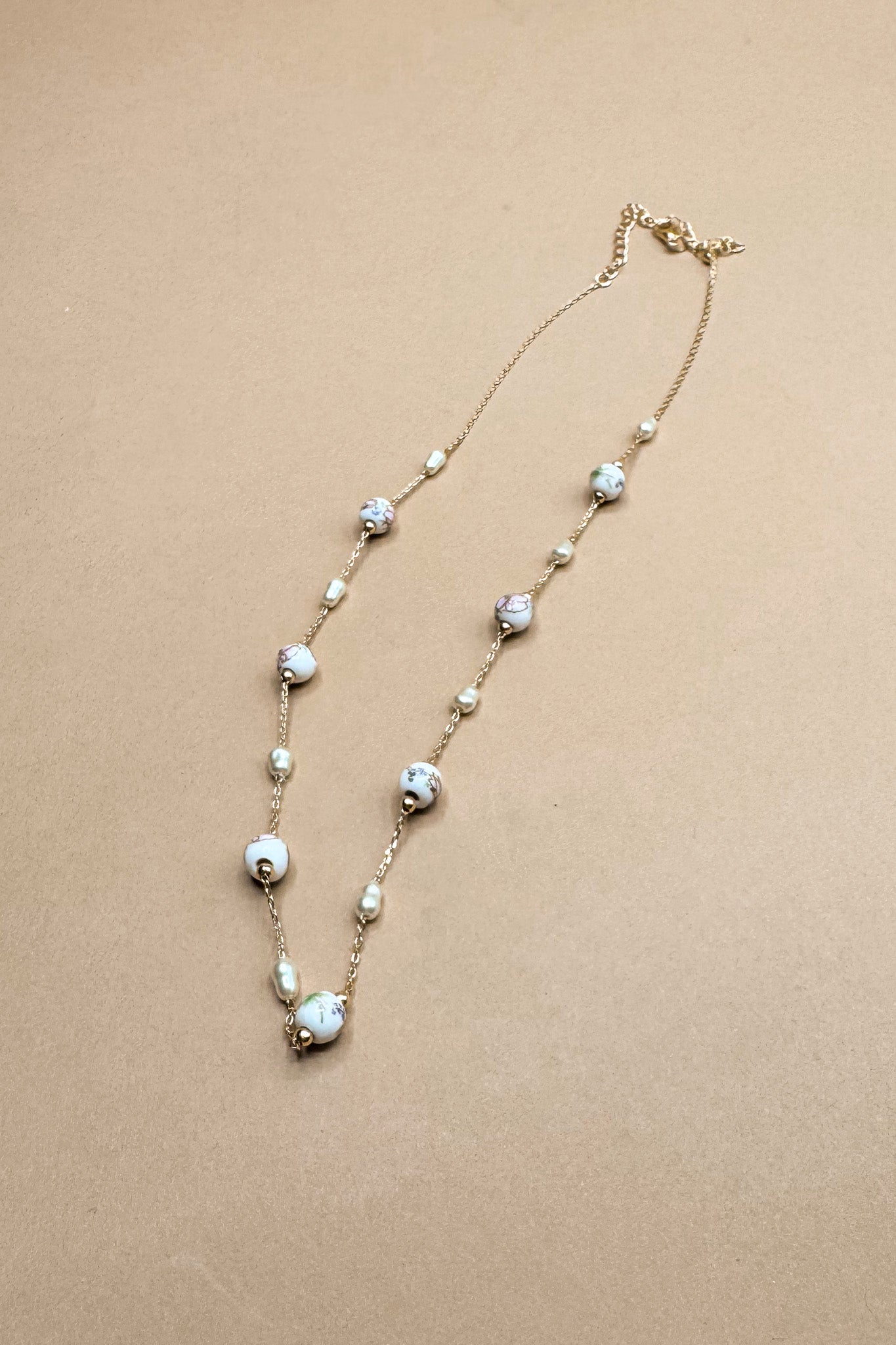 Julie White & Pink Floral Beads Chain Link Necklace- front flat lay view