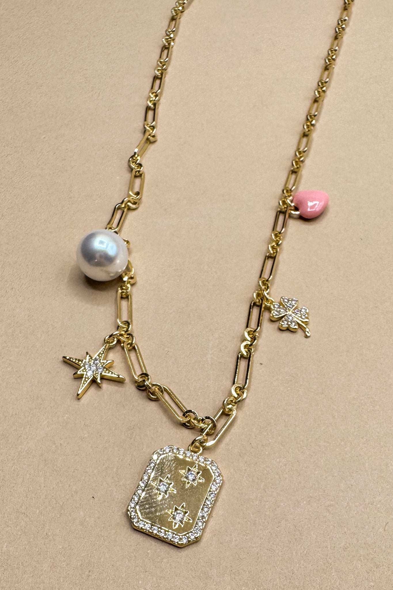 Alice Pink & Gold Charm Chain Necklace- close up view