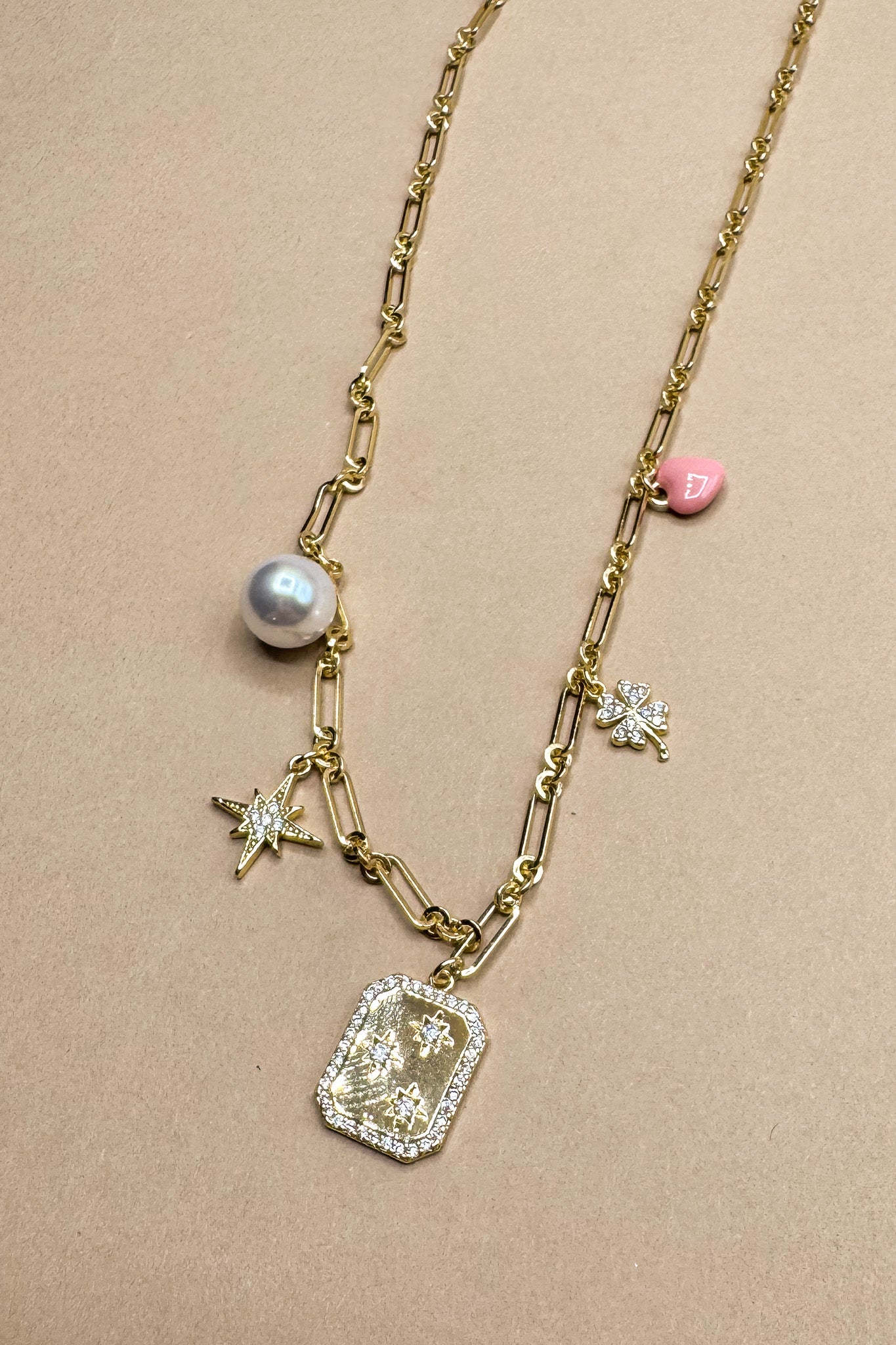 Alice Pink & Gold Charm Chain Necklace- full front view