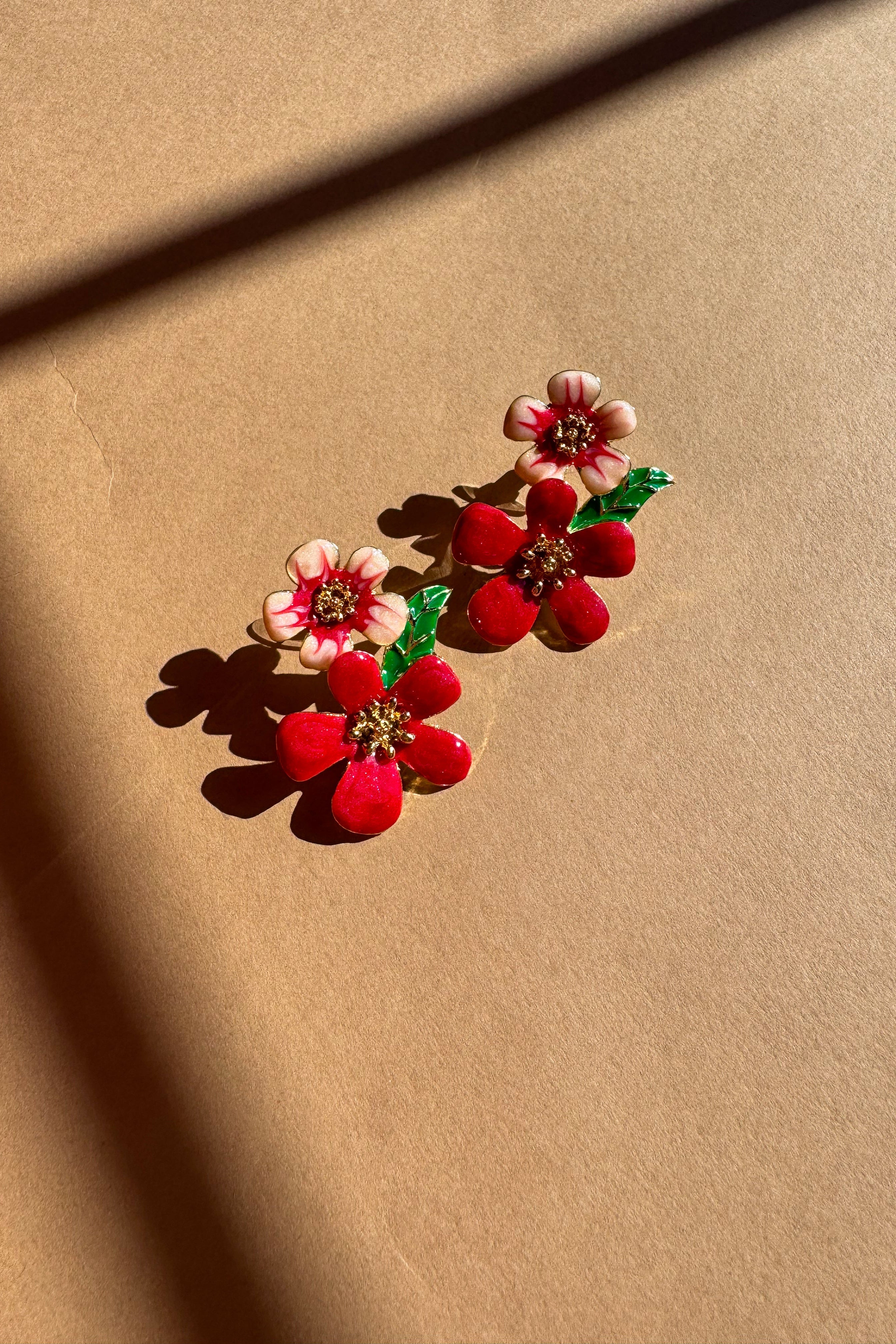 Gabriella Red & Pink Floral Earrings - flat lay view
