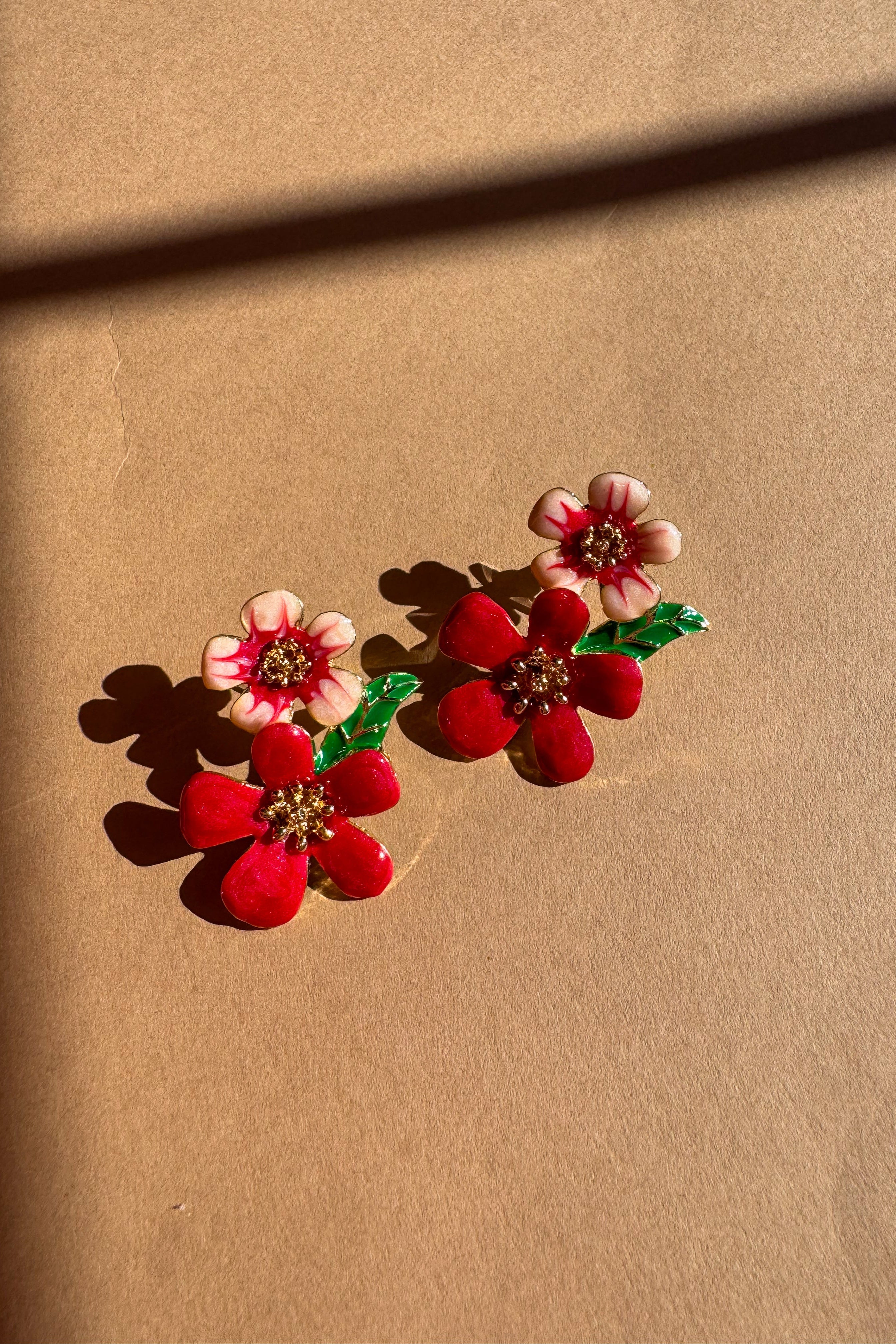 Gabriella Red & Pink Floral Earrings - flat lay top view