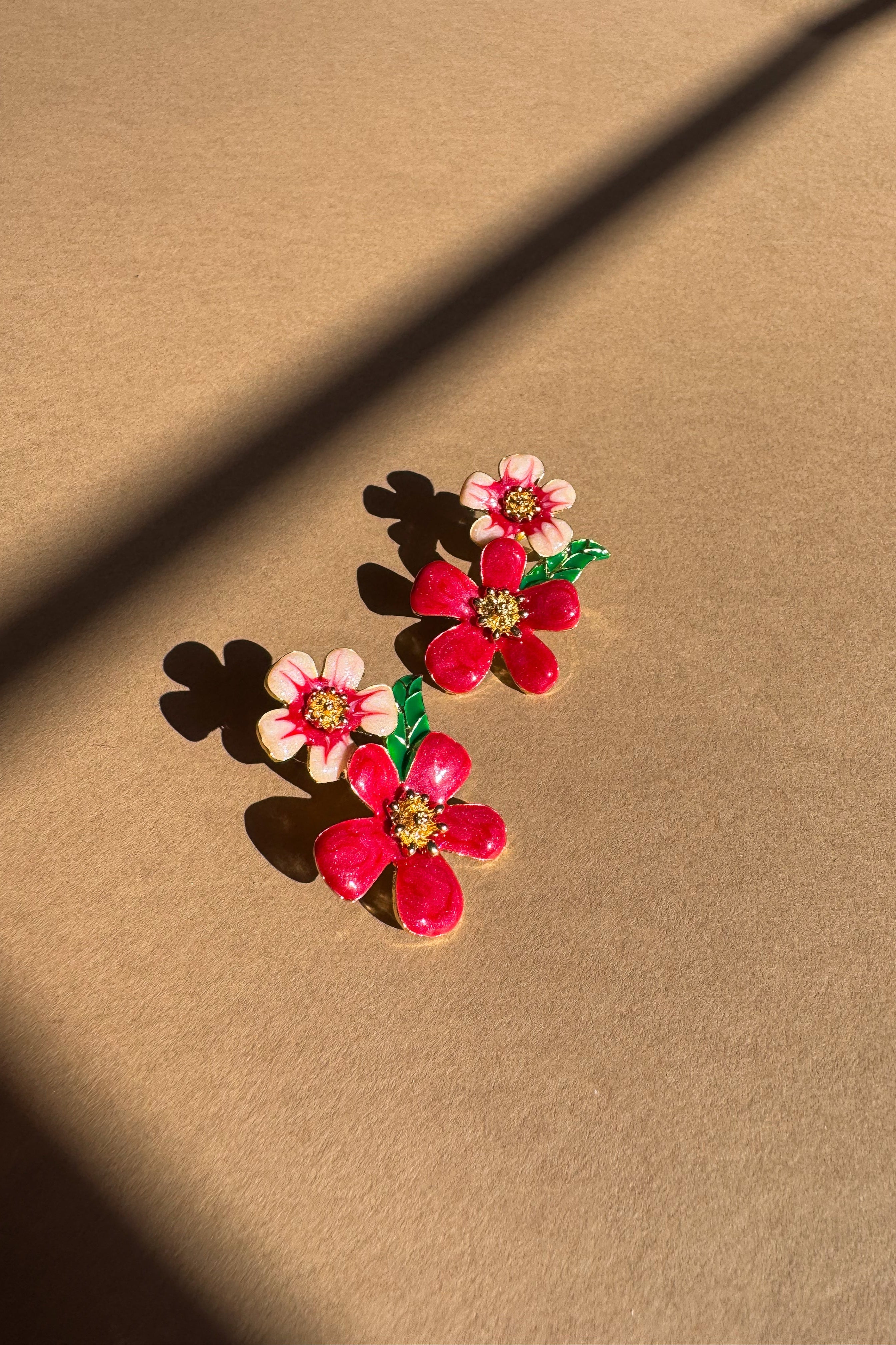 Gabriella Red & Pink Floral Earrings - flat lay close up