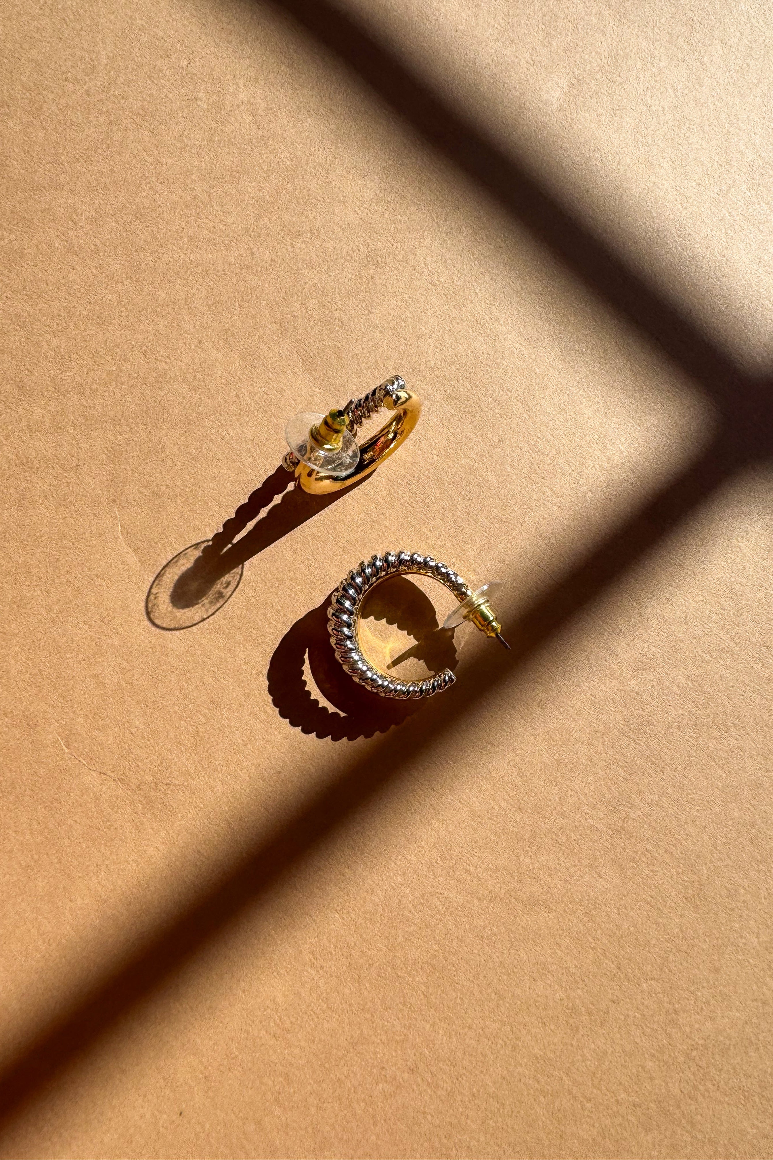 Harmony Silver & Gold Hoop Earrings - flat lay close up (back / side view)