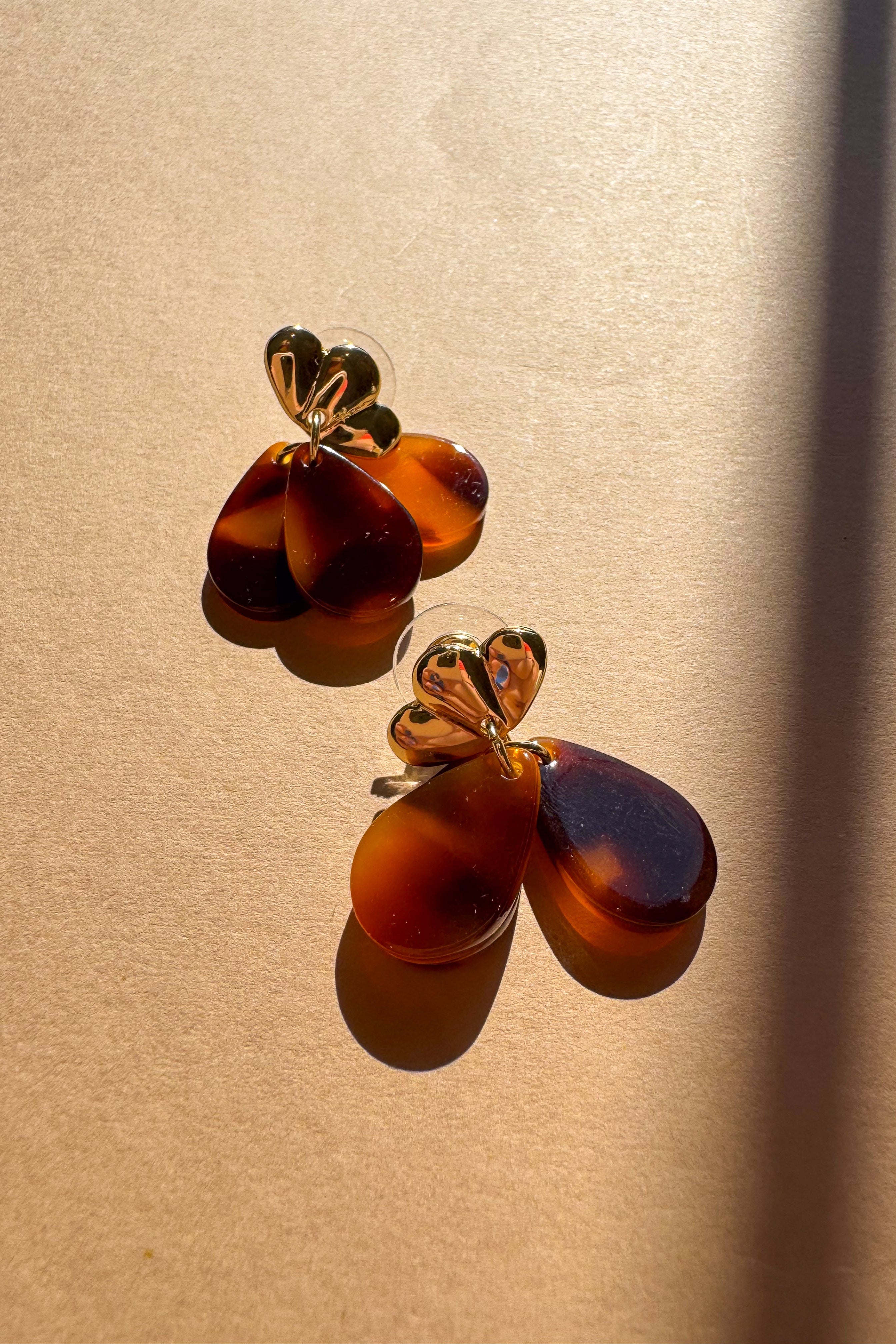 Taylor Gold & Tortoise Teardrop Earrings - flat lay close up